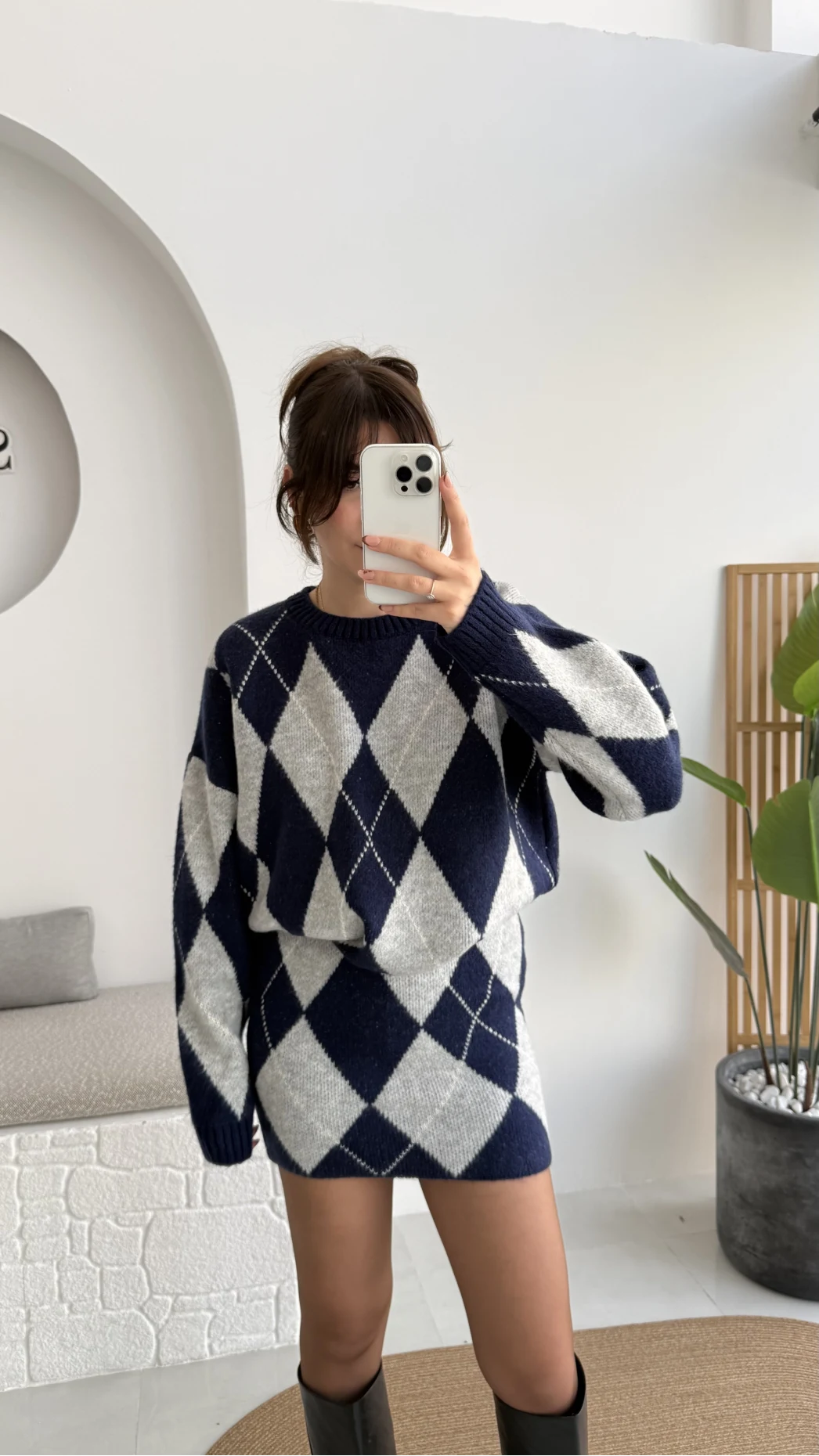 Stephen Baklava Desenli Kazak Mini Etek Takım - Lacivert