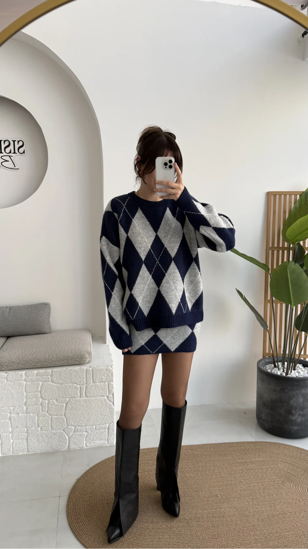 Stephen Baklava Desenli Kazak Mini Etek Takım - Lacivert