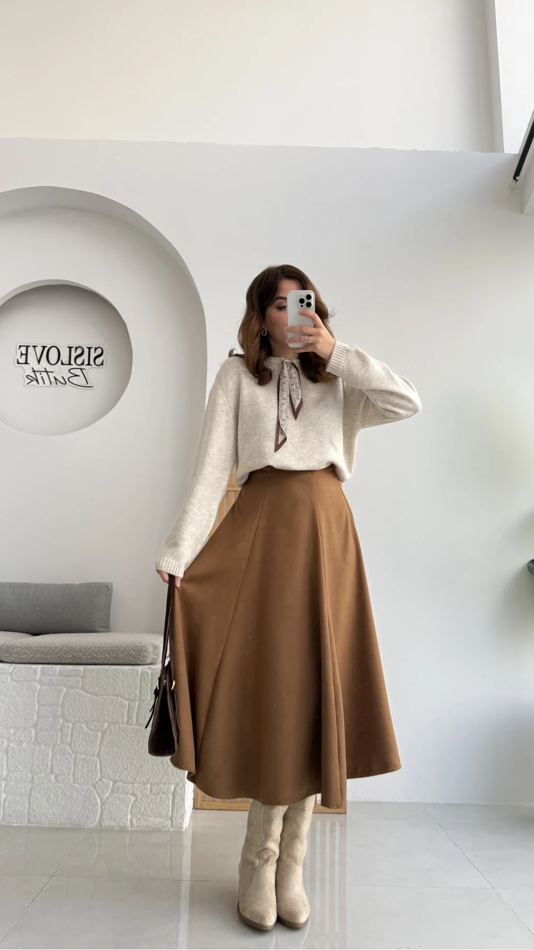 Süet Midi Etek Camel