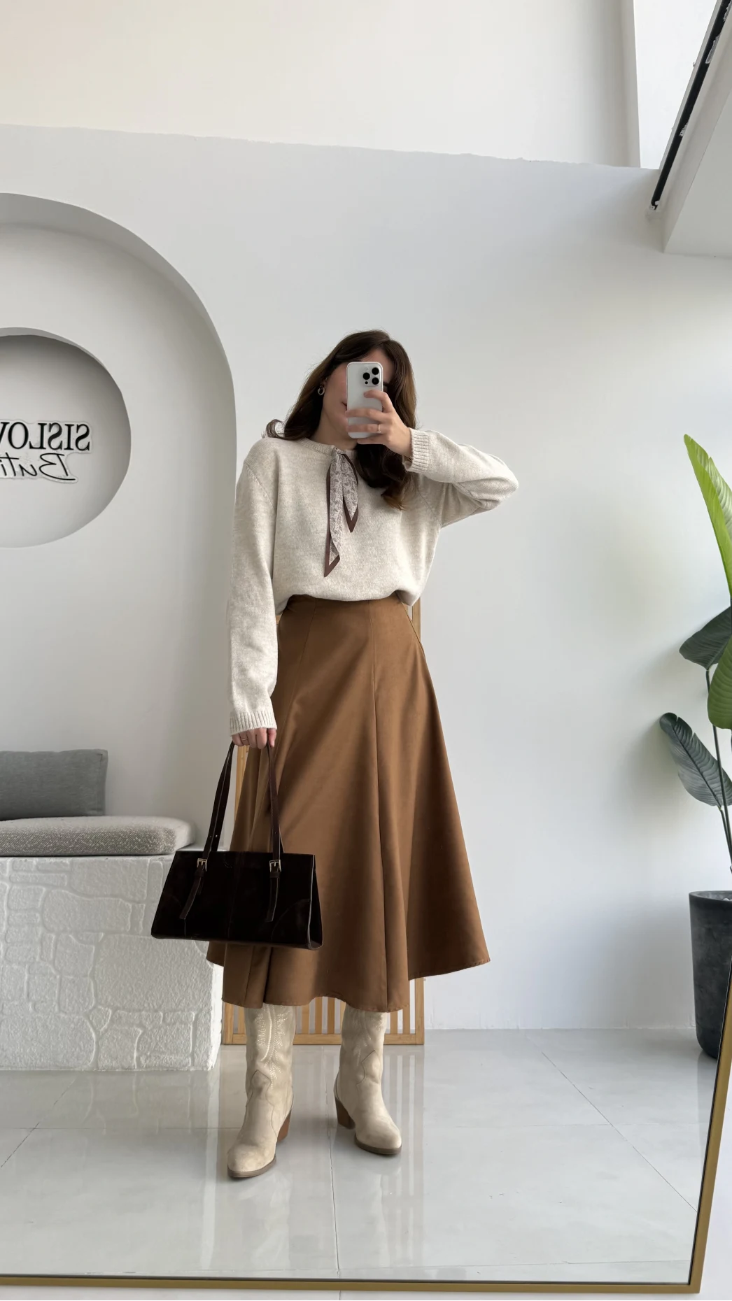 Süet Midi Etek Camel