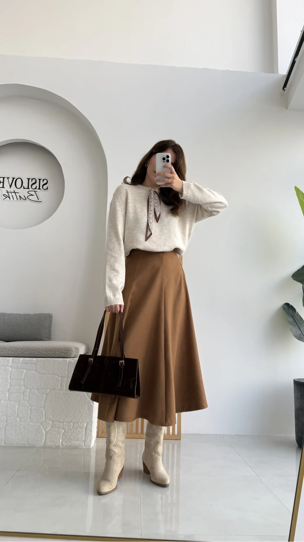 Süet Midi Etek Camel