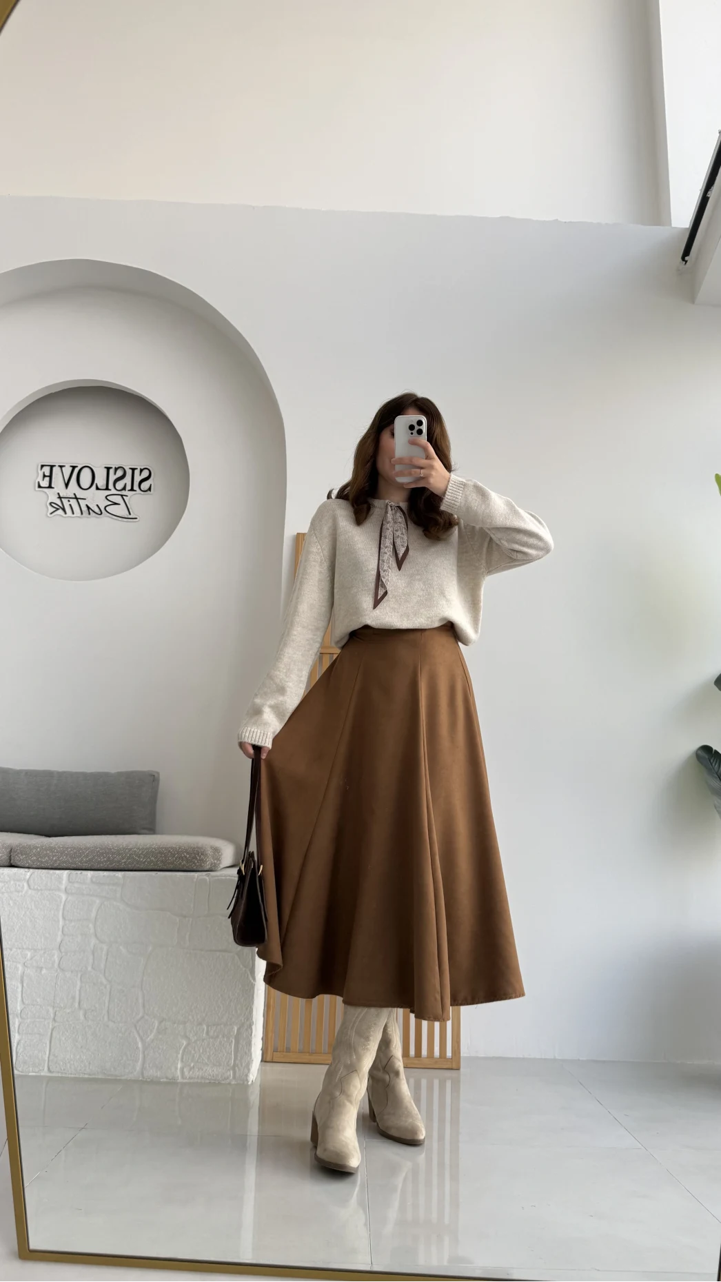 Süet Midi Etek Camel