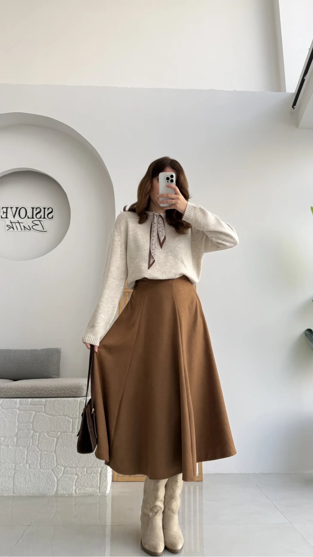 Süet Midi Etek Camel