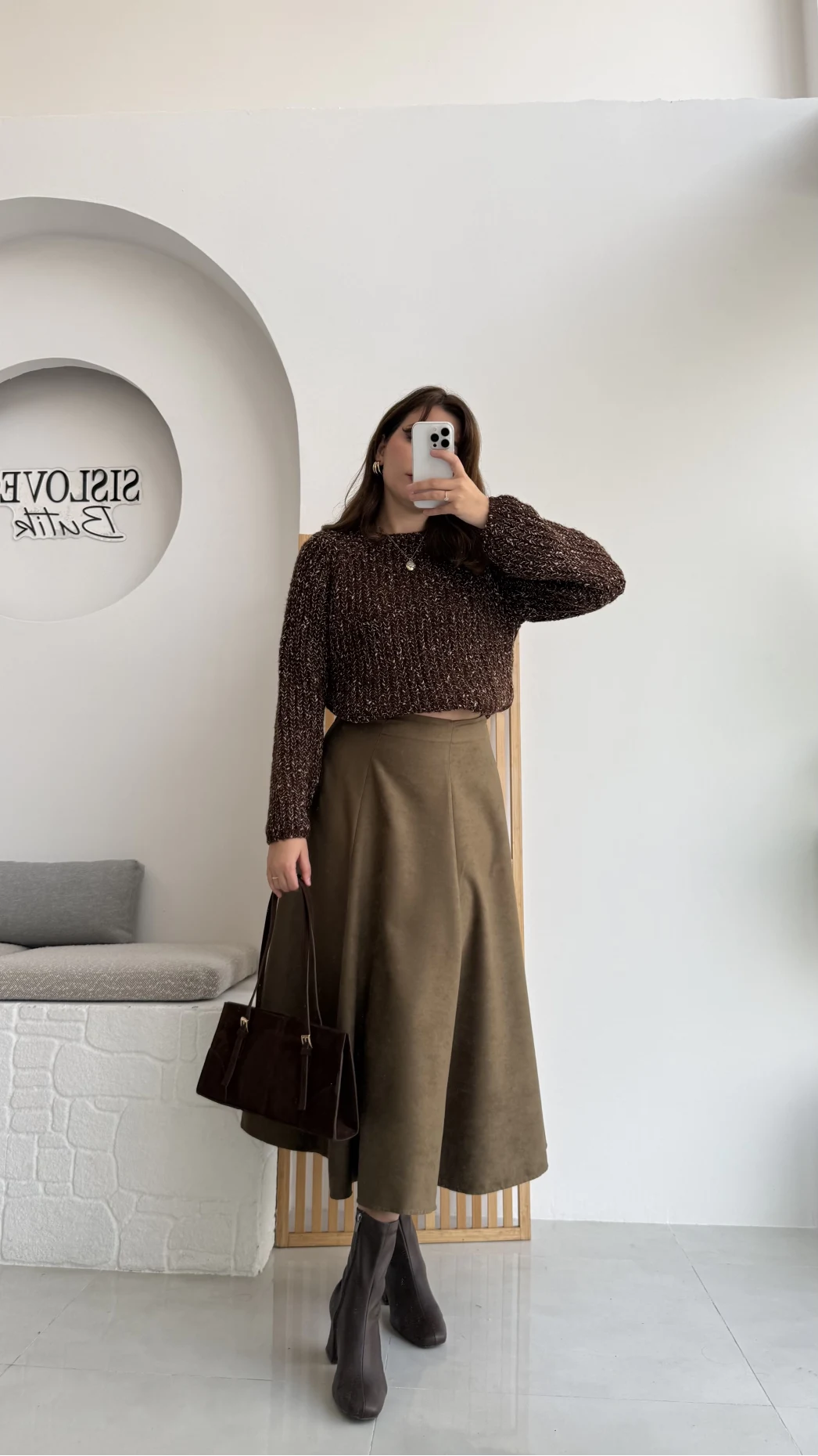 Süet Midi Etek Haki