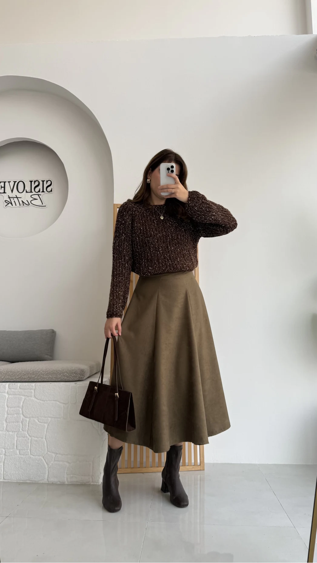 Süet Midi Etek Haki