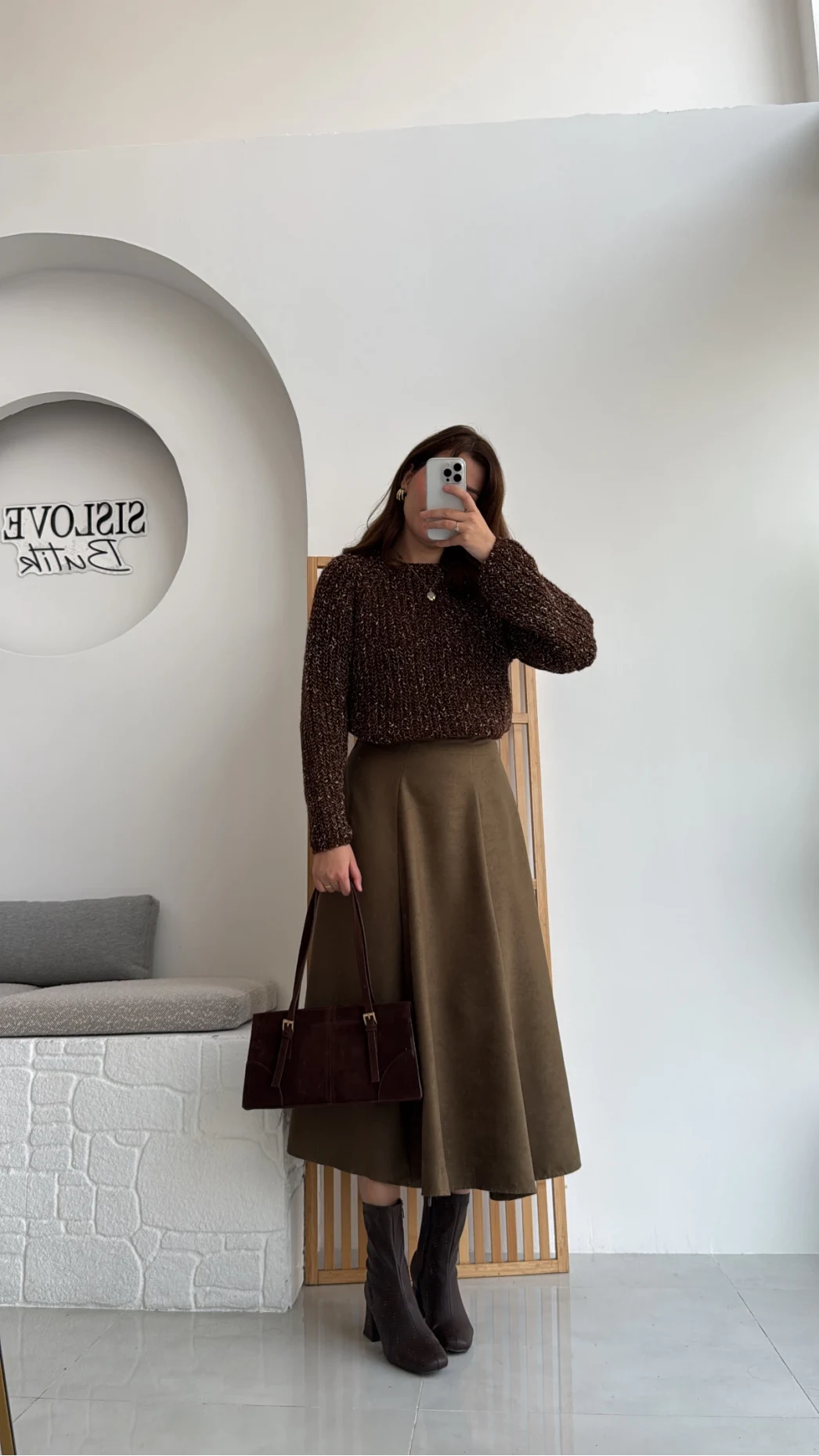 Süet Midi Etek Haki