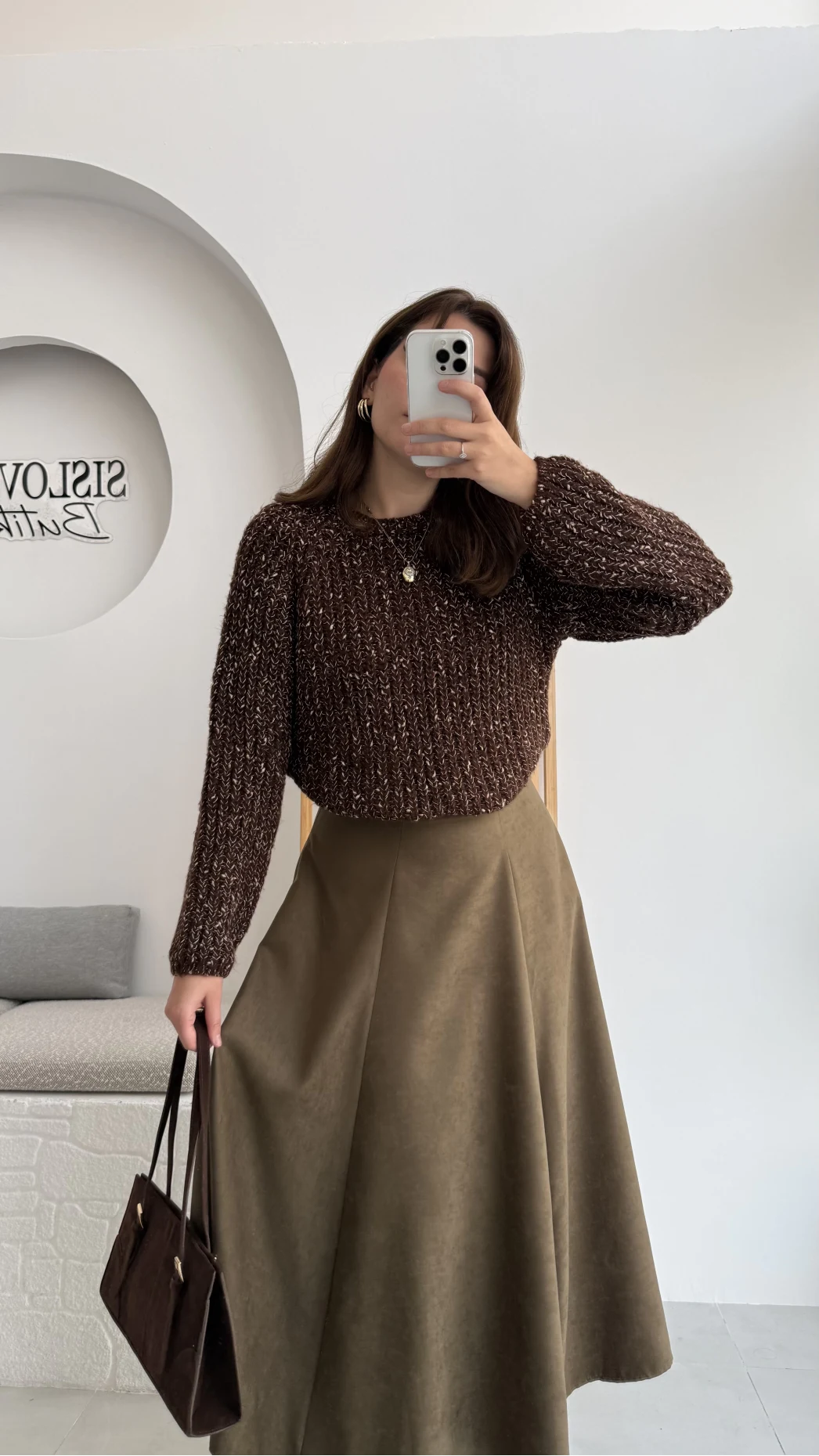 Süet Midi Etek Haki