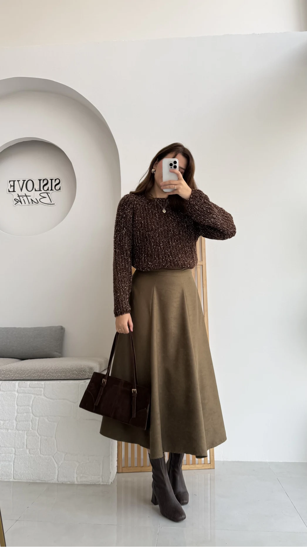 Süet Midi Etek Haki