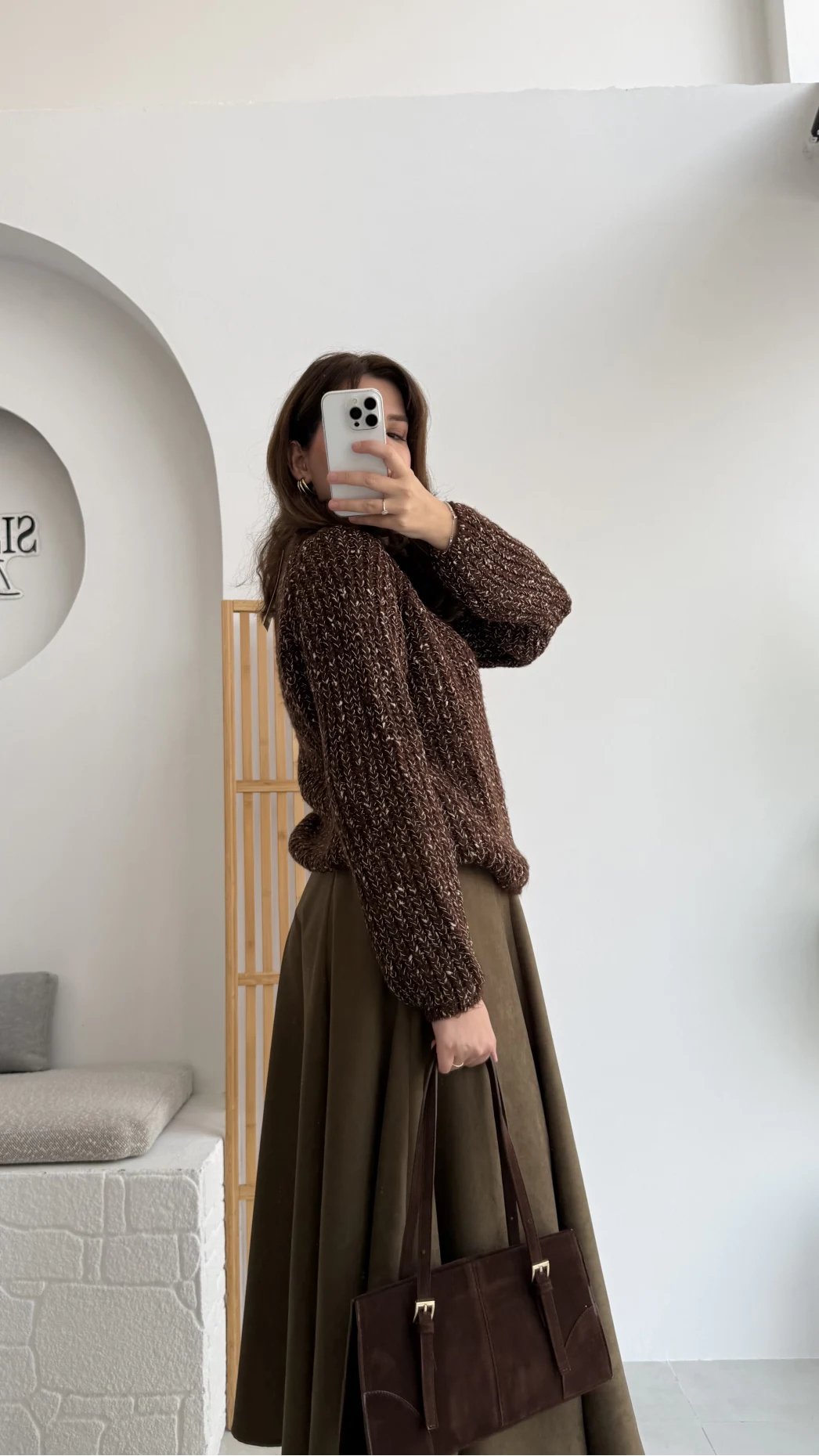 Süet Midi Etek Haki