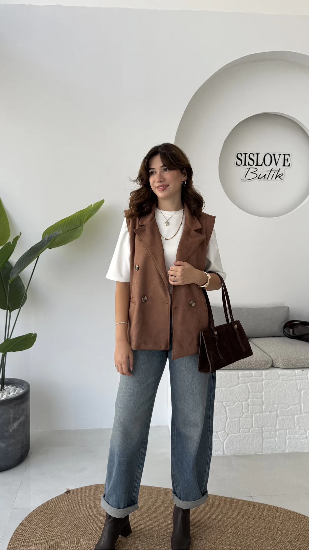 Süet Yelek - Kahve - Kod: 1211