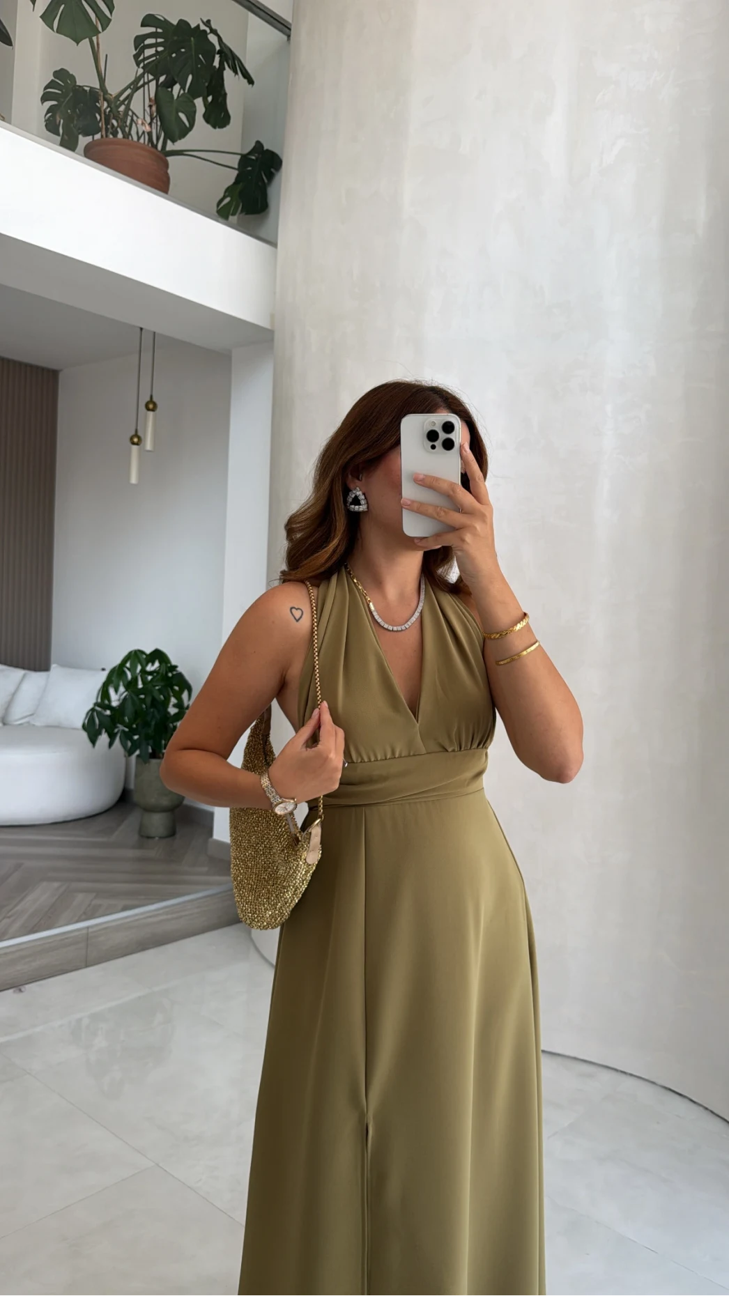 Sun Yırtmaç Detay Bağlamalı Tasarım Elbise - Açık Oliv - Kod: 4133