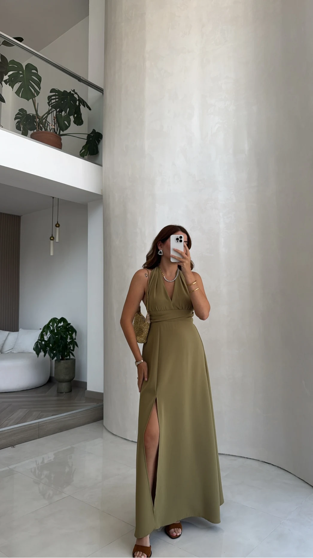 Sun Yırtmaç Detay Bağlamalı Tasarım Elbise - Açık Oliv - Kod: 4133
