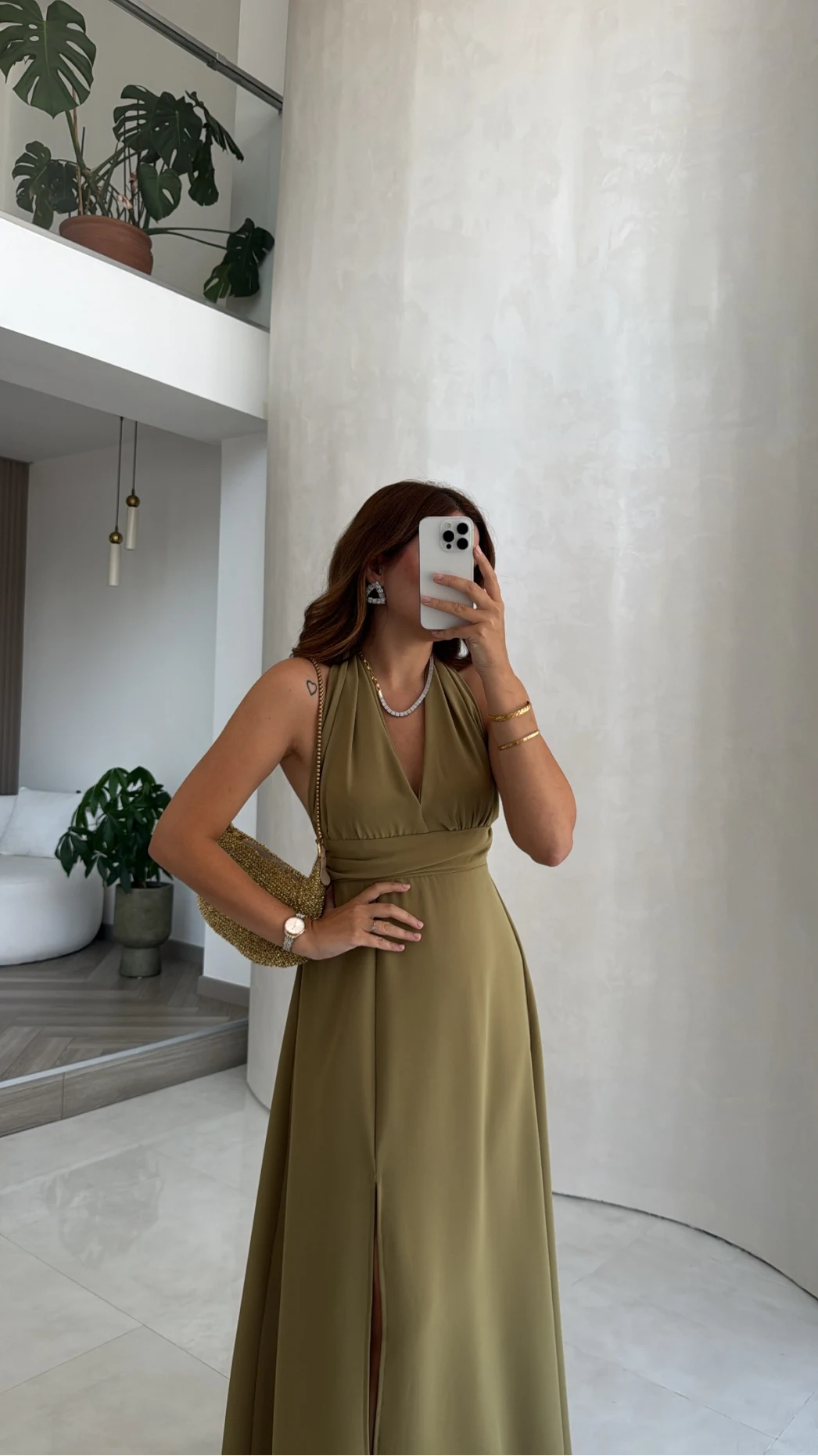 Sun Yırtmaç Detay Bağlamalı Tasarım Elbise - Açık Oliv - Kod: 4133