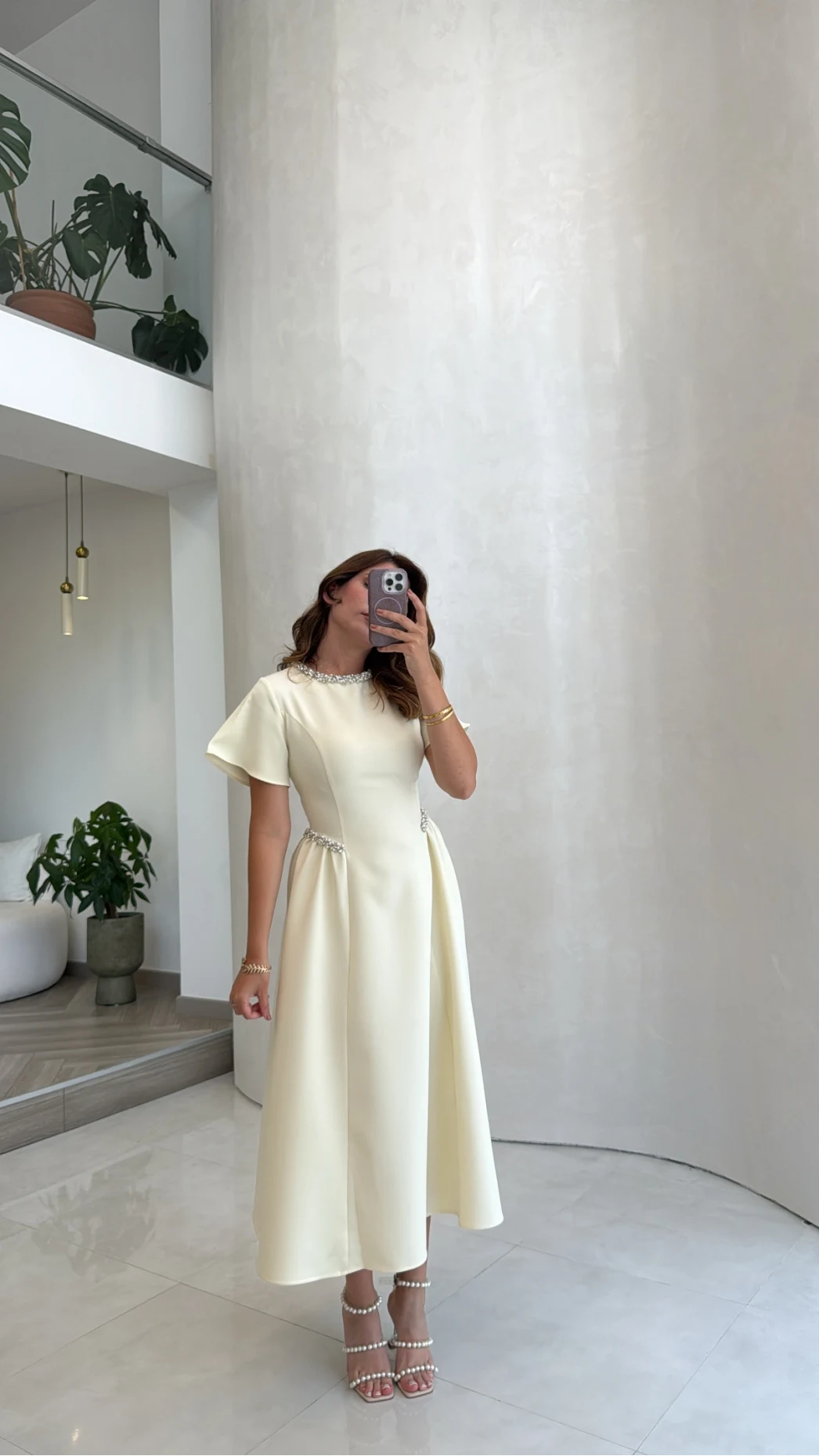 Taş Detay Midi Boy Elbise - Açık Sarı - Kod: 3220