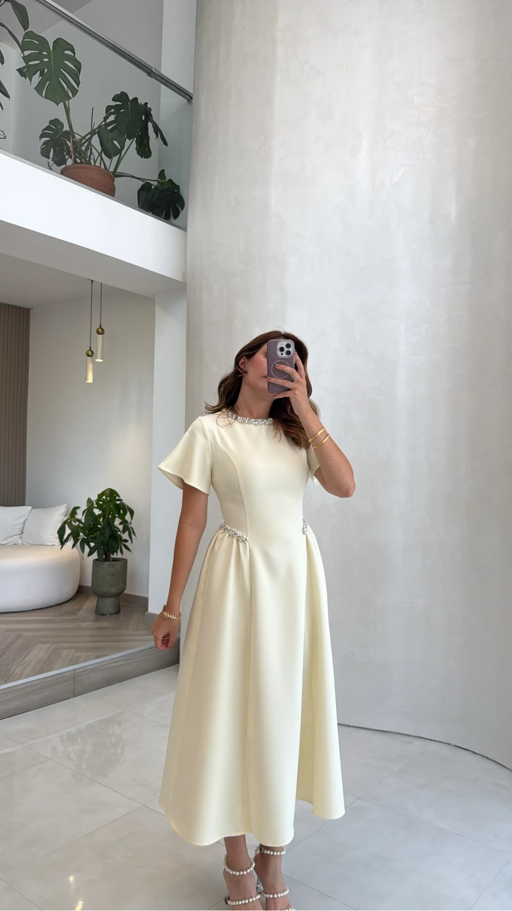 Taş Detay Midi Boy Elbise - Açık Sarı - Kod: 3220