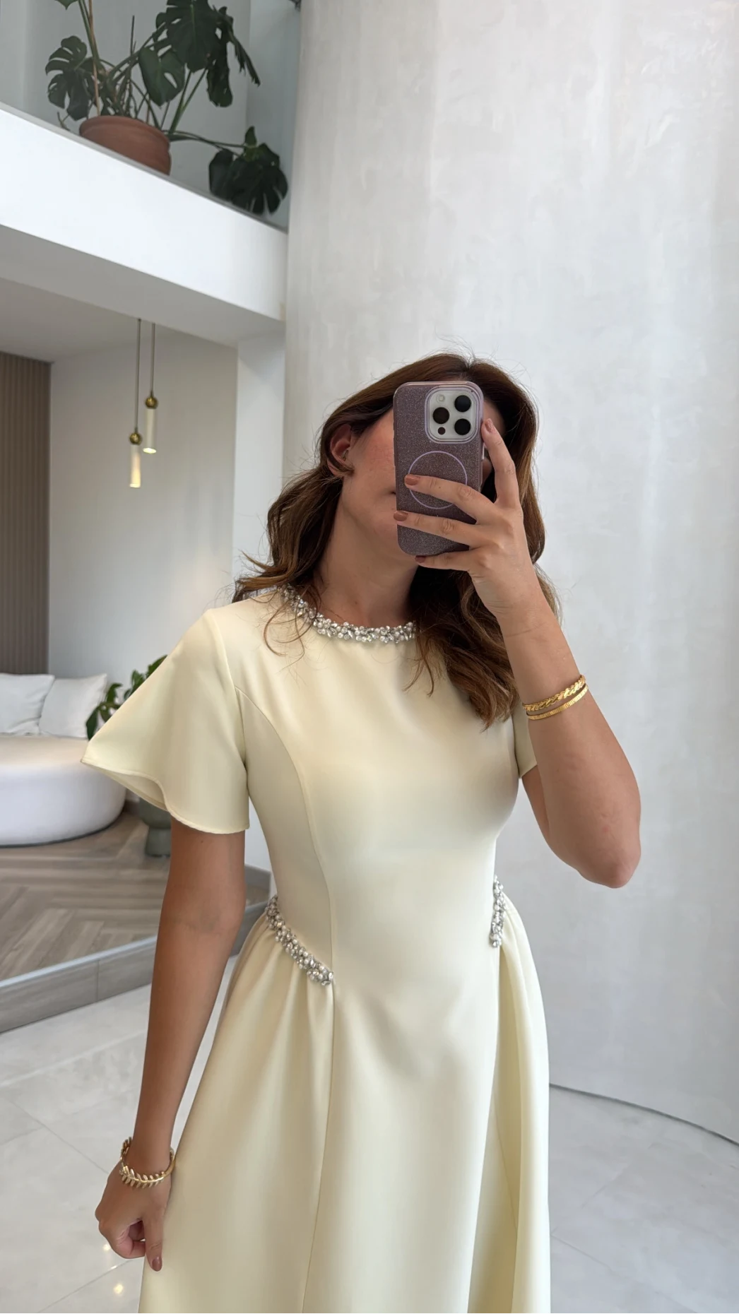 Taş Detay Midi Boy Elbise - Açık Sarı - Kod: 3220