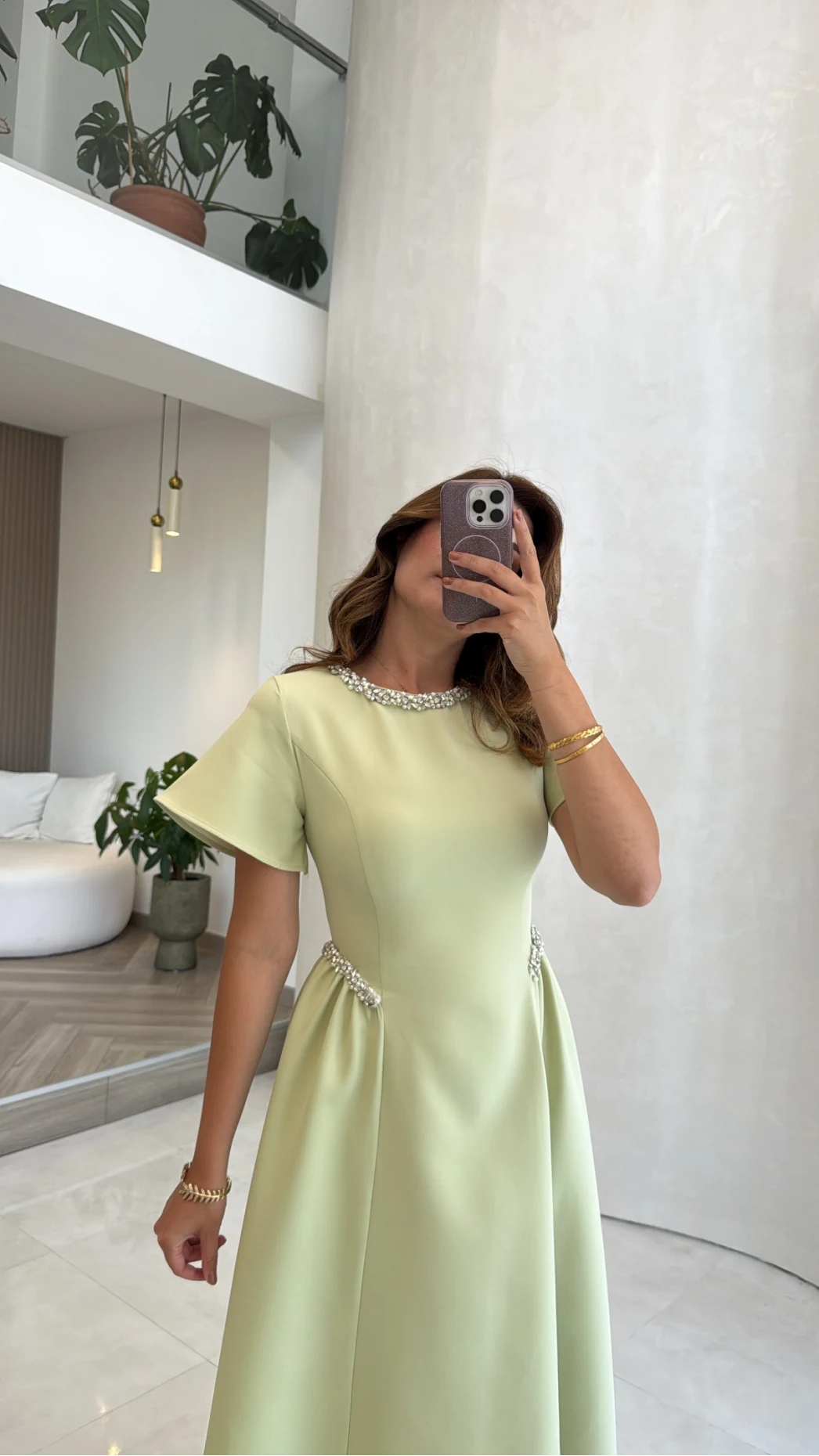 Taş Detay Midi Boy Elbise - Mint - Kod: 3220