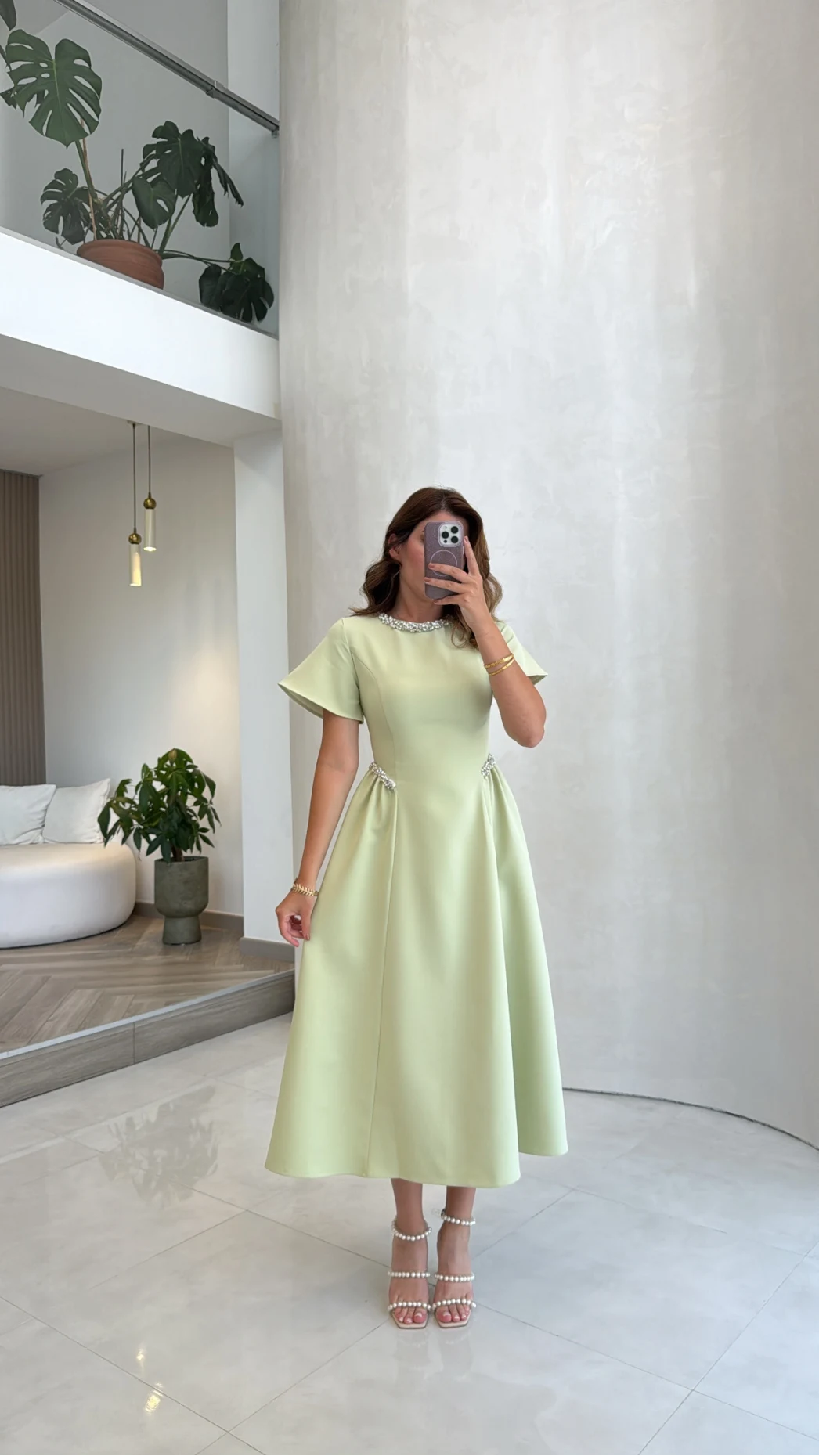 Taş Detay Midi Boy Elbise - Mint - Kod: 3220