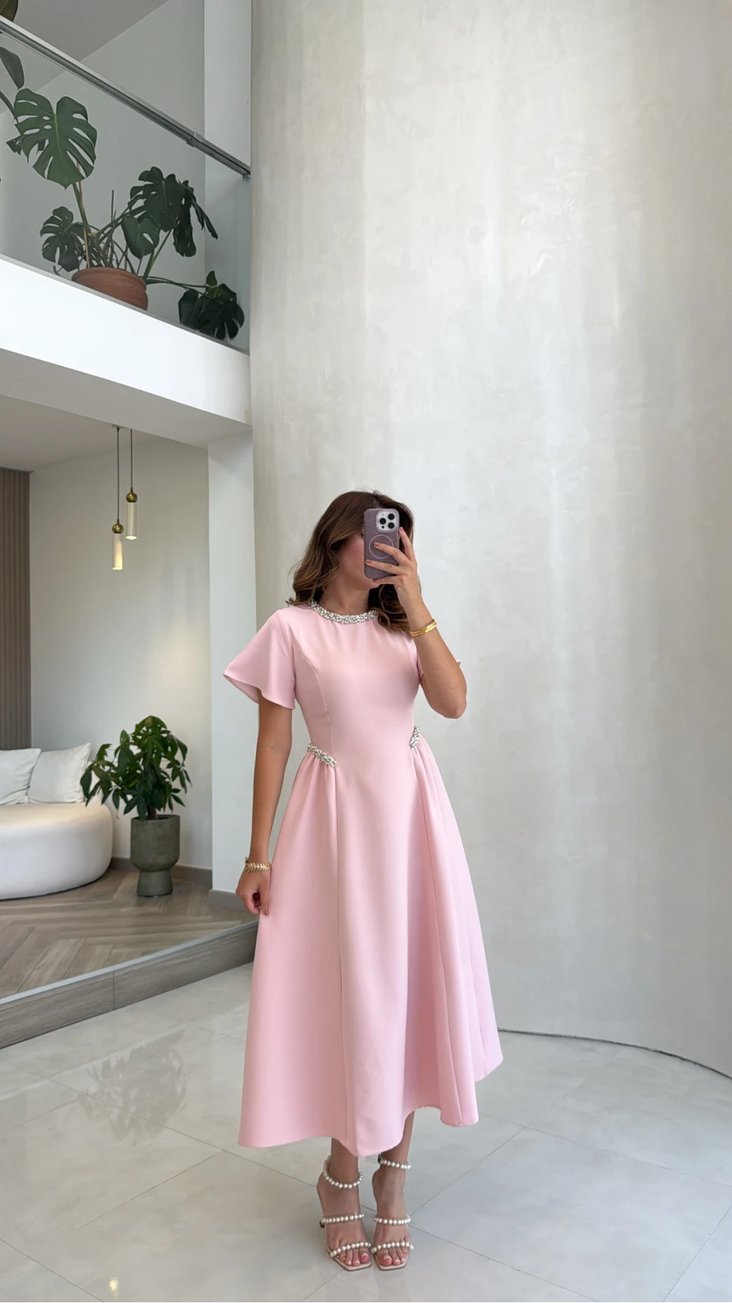 Taş Detay Midi Boy Elbise - Pembe - Kod: 3220