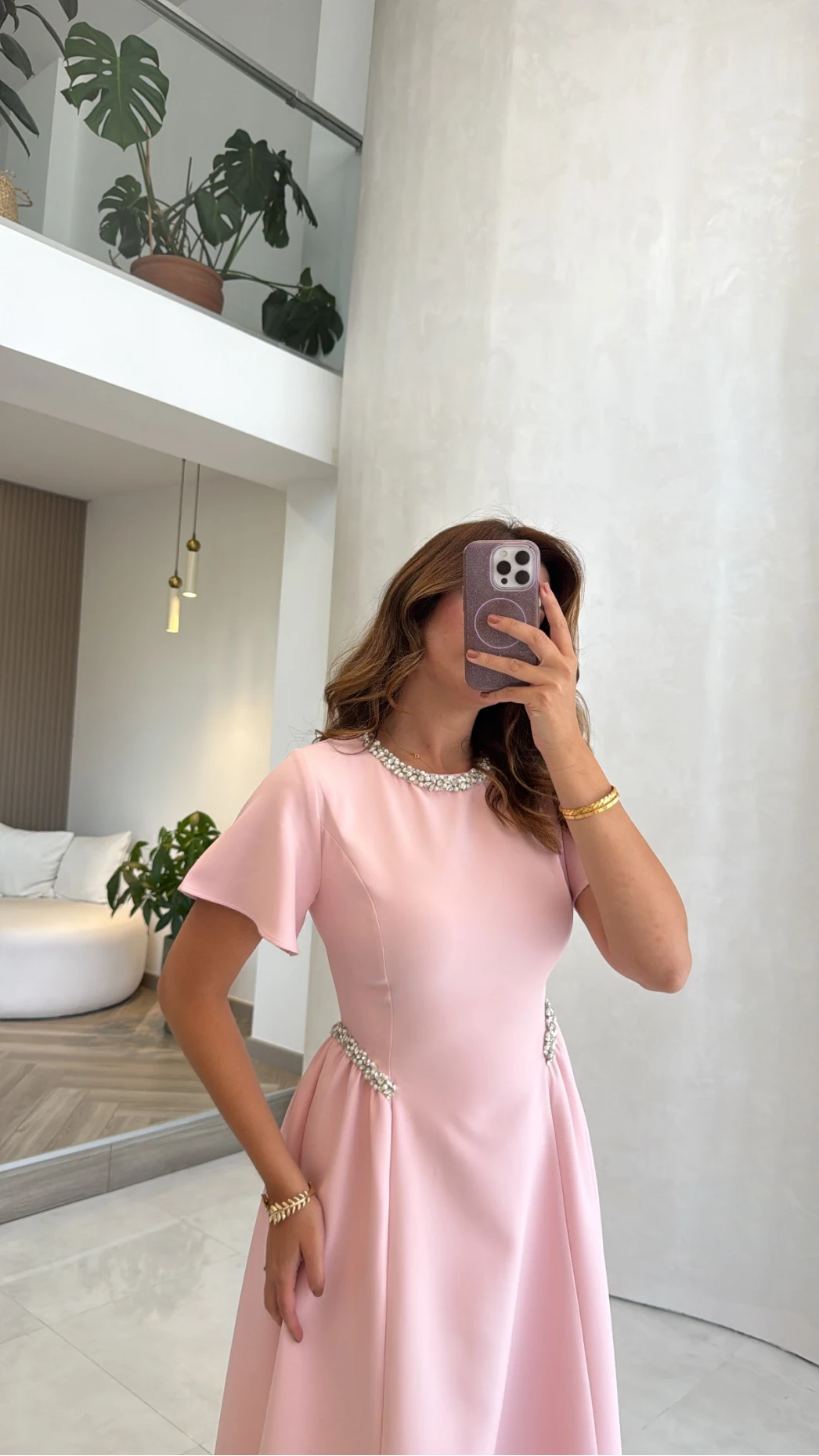 Taş Detay Midi Boy Elbise - Pembe - Kod: 3220