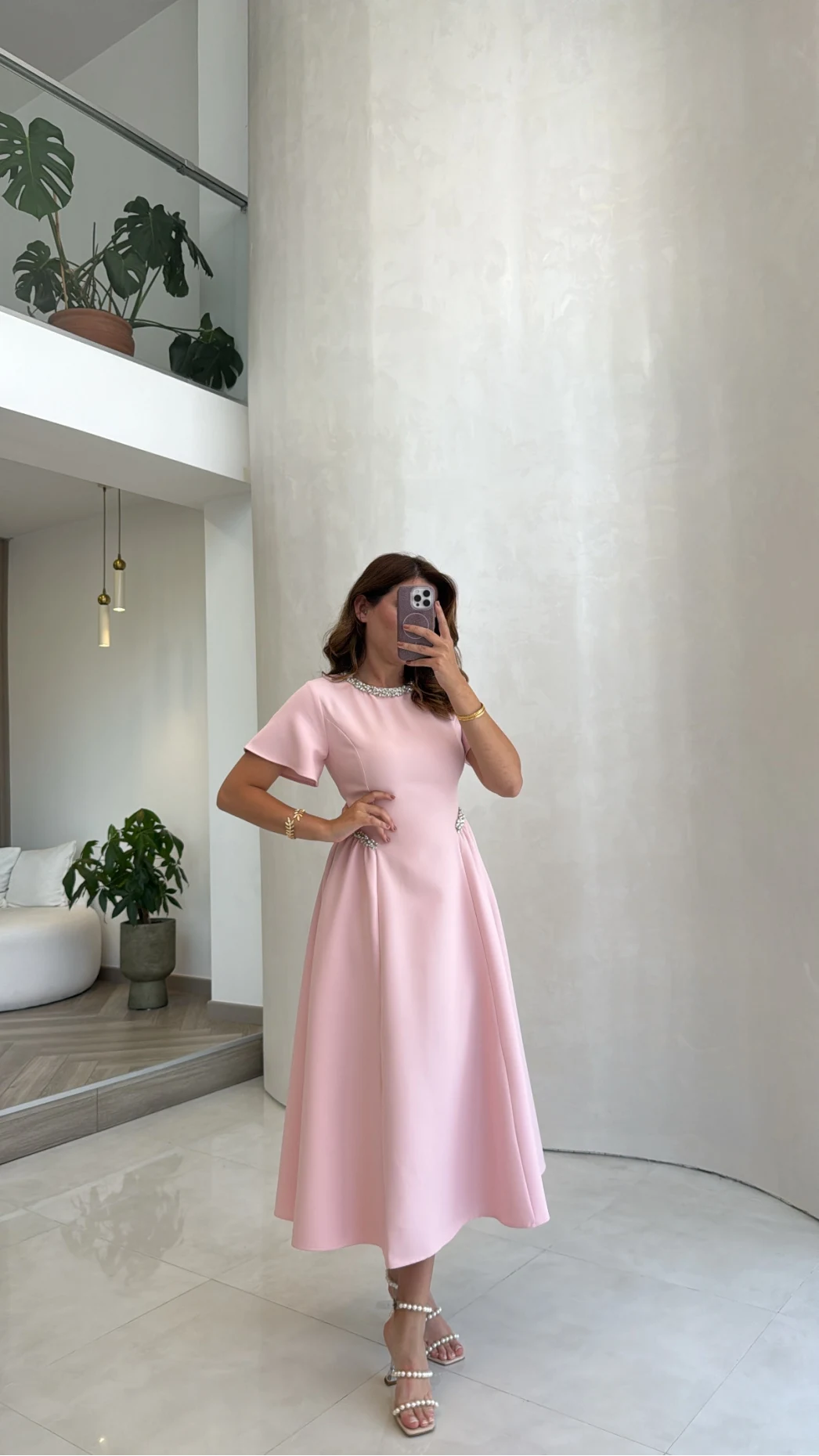Taş Detay Midi Boy Elbise - Pembe - Kod: 3220
