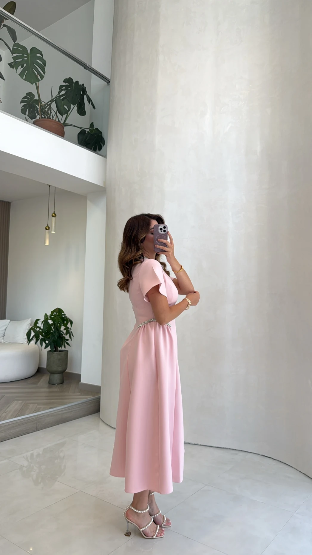 Taş Detay Midi Boy Elbise - Pembe - Kod: 3220