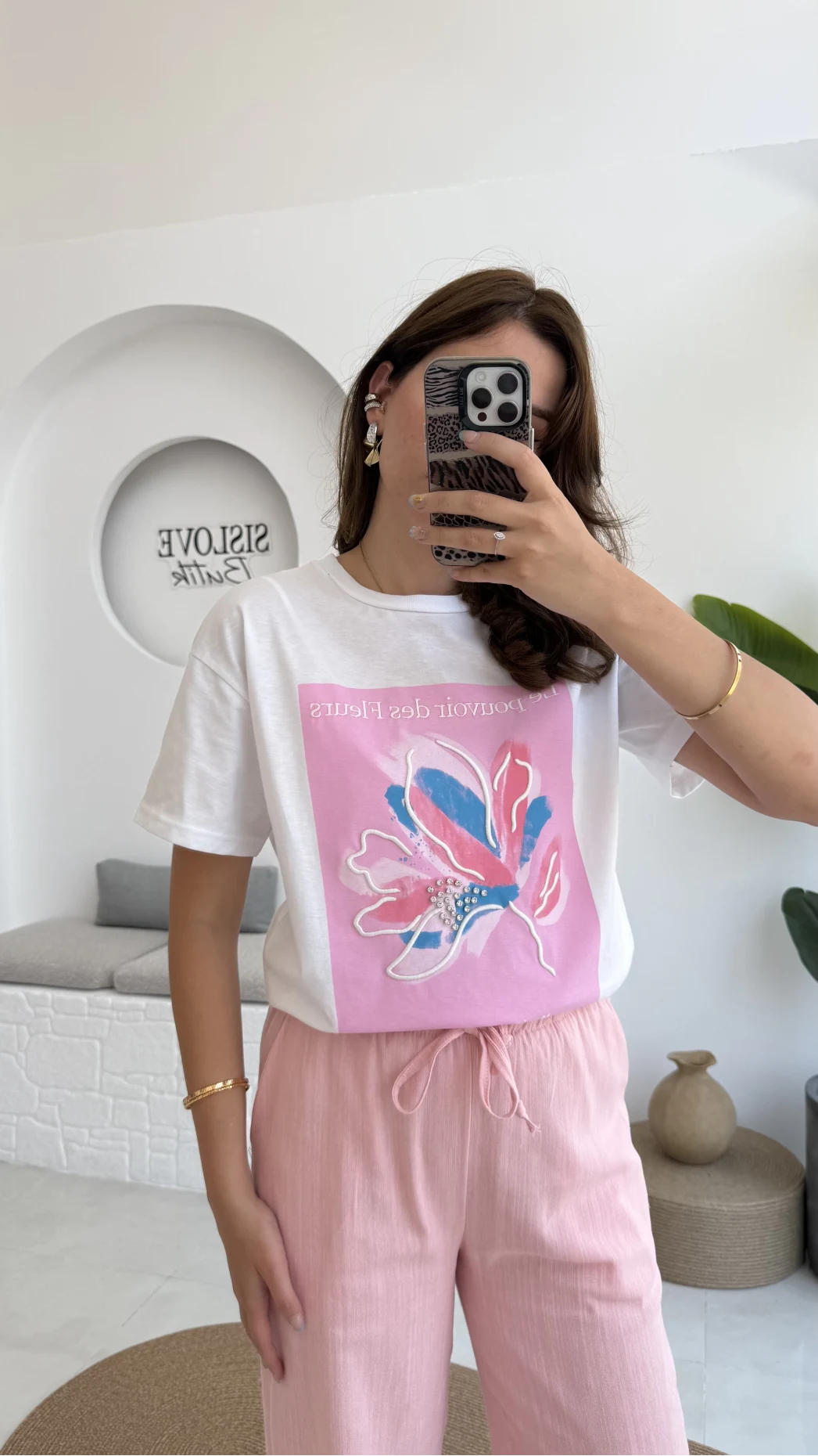 Taş İşlemeli Çiçekli T-shirt - Pembe