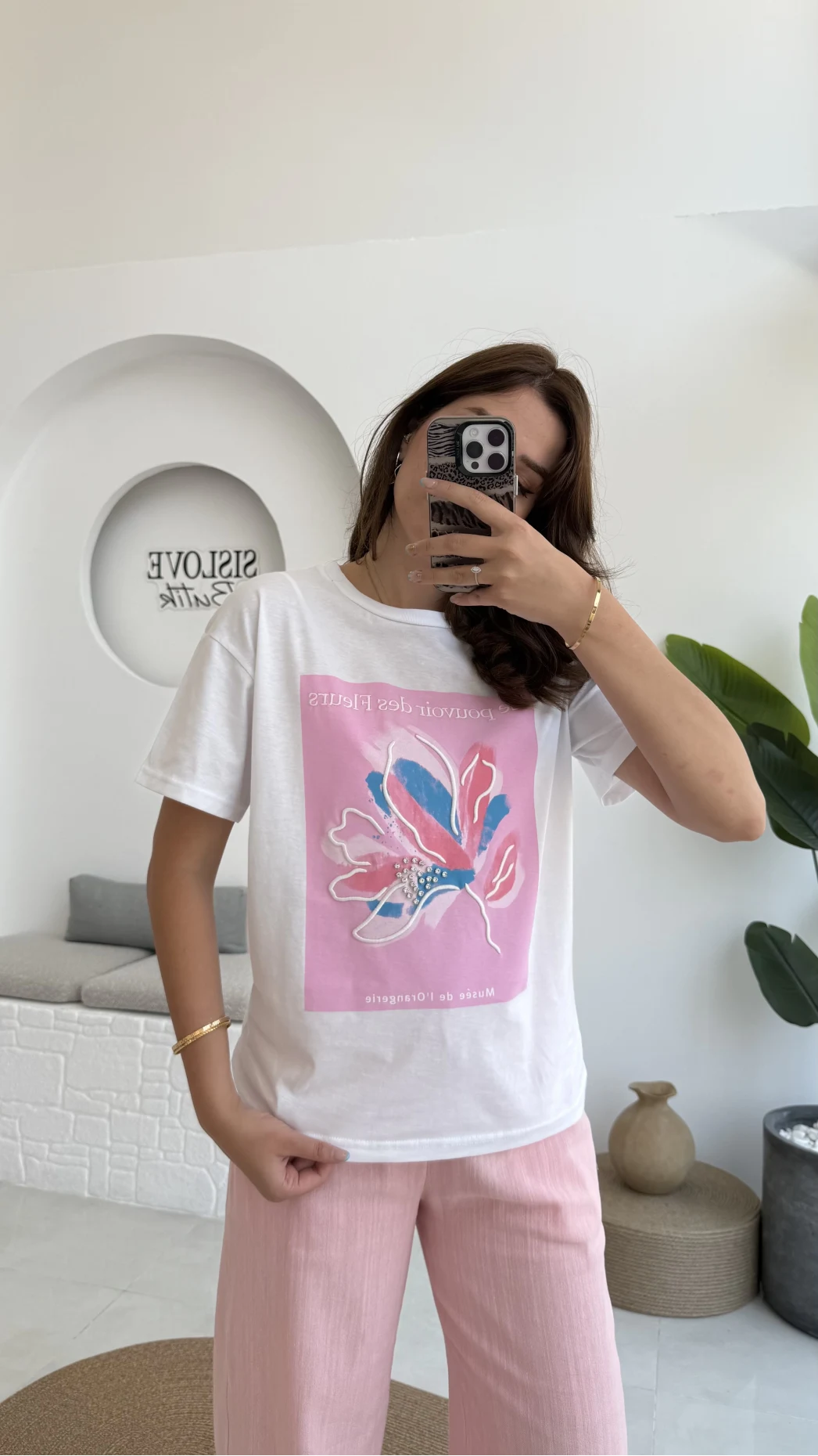 Taş İşlemeli Çiçekli T-shirt - Pembe