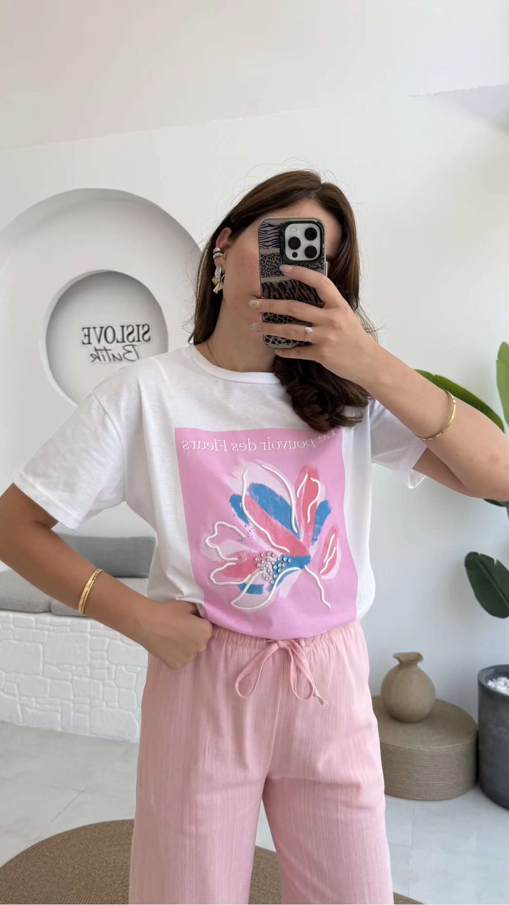 Taş İşlemeli Çiçekli T-shirt - Pembe