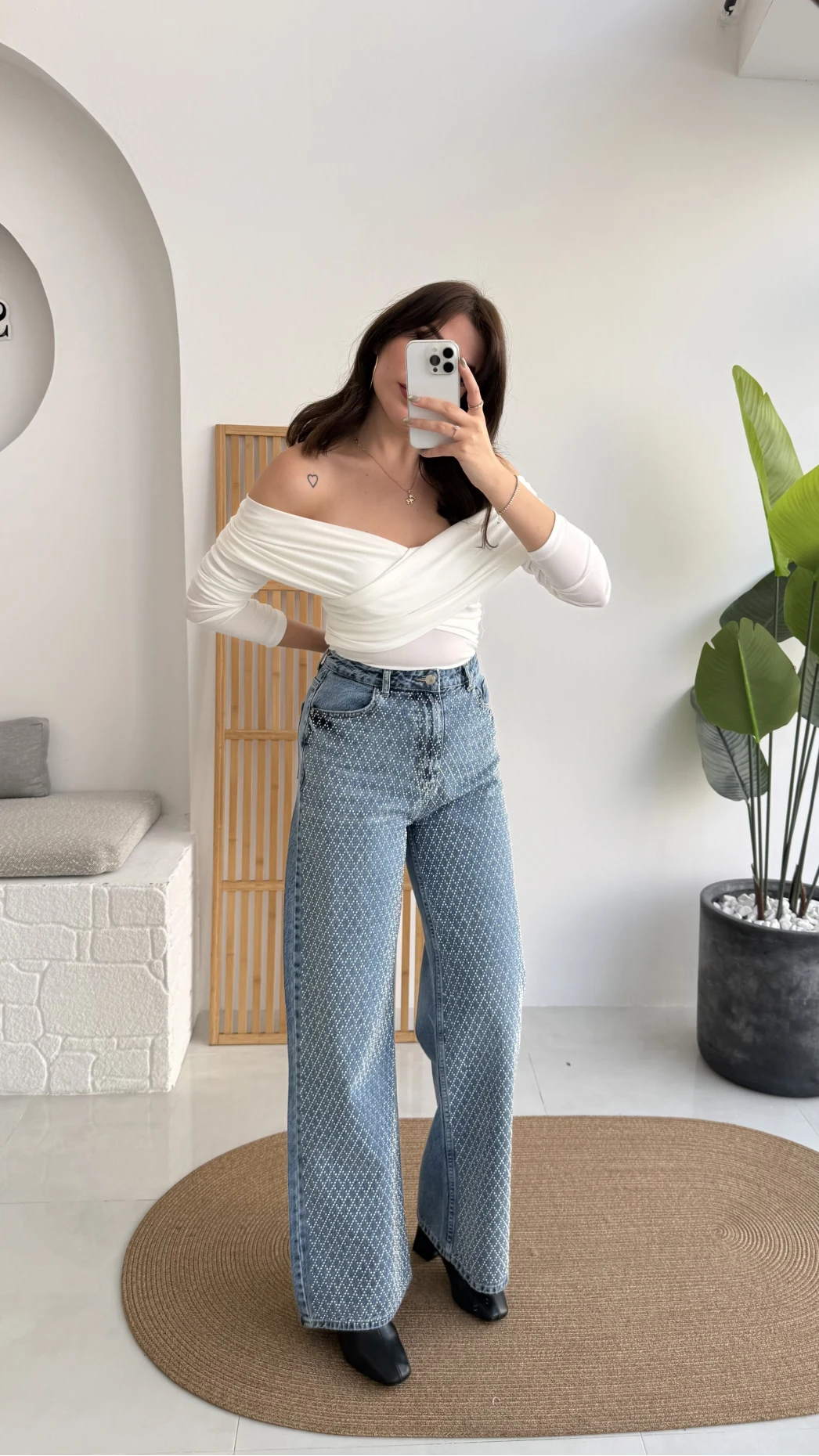 Taşlı Mavi Yüksek Bel Denim Jean Pantolon - Kod: 1014