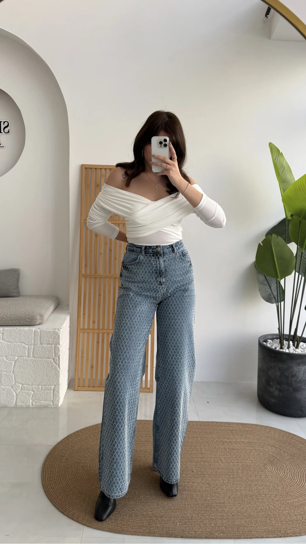 Taşlı Mavi Yüksek Bel Denim Jean Pantolon - Kod: 1014