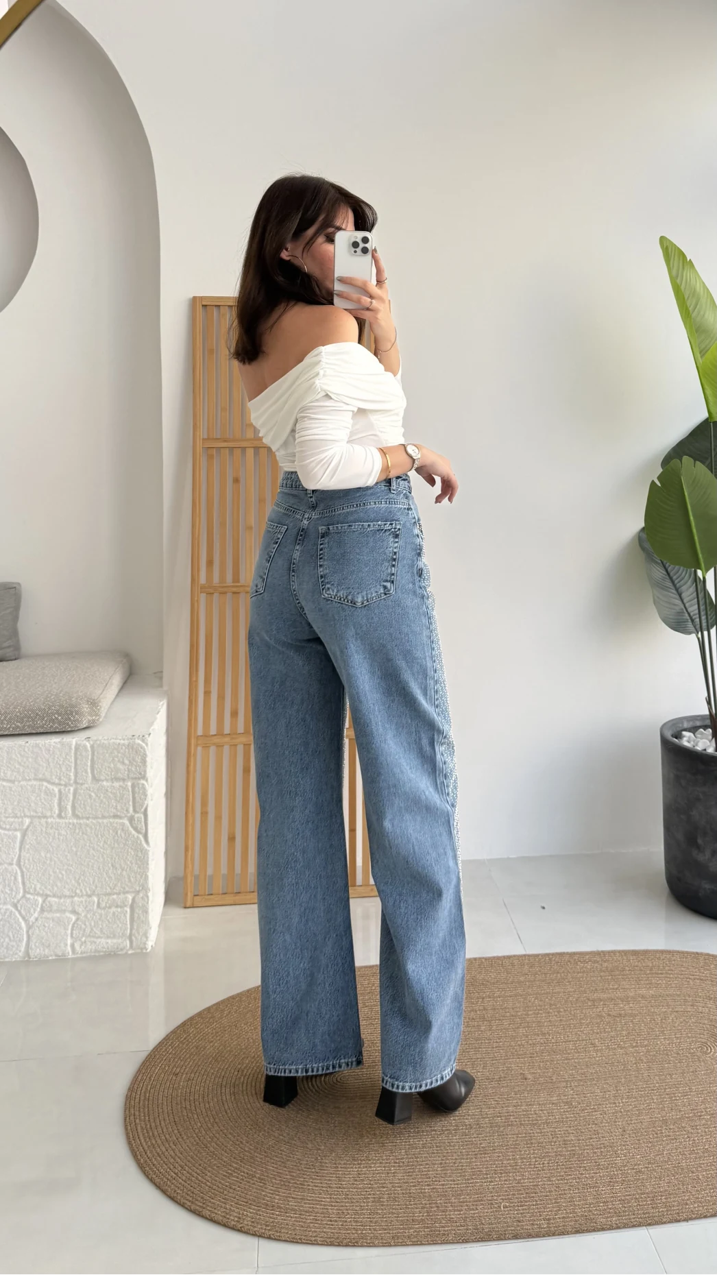 Taşlı Mavi Yüksek Bel Denim Jean Pantolon - Kod: 1014