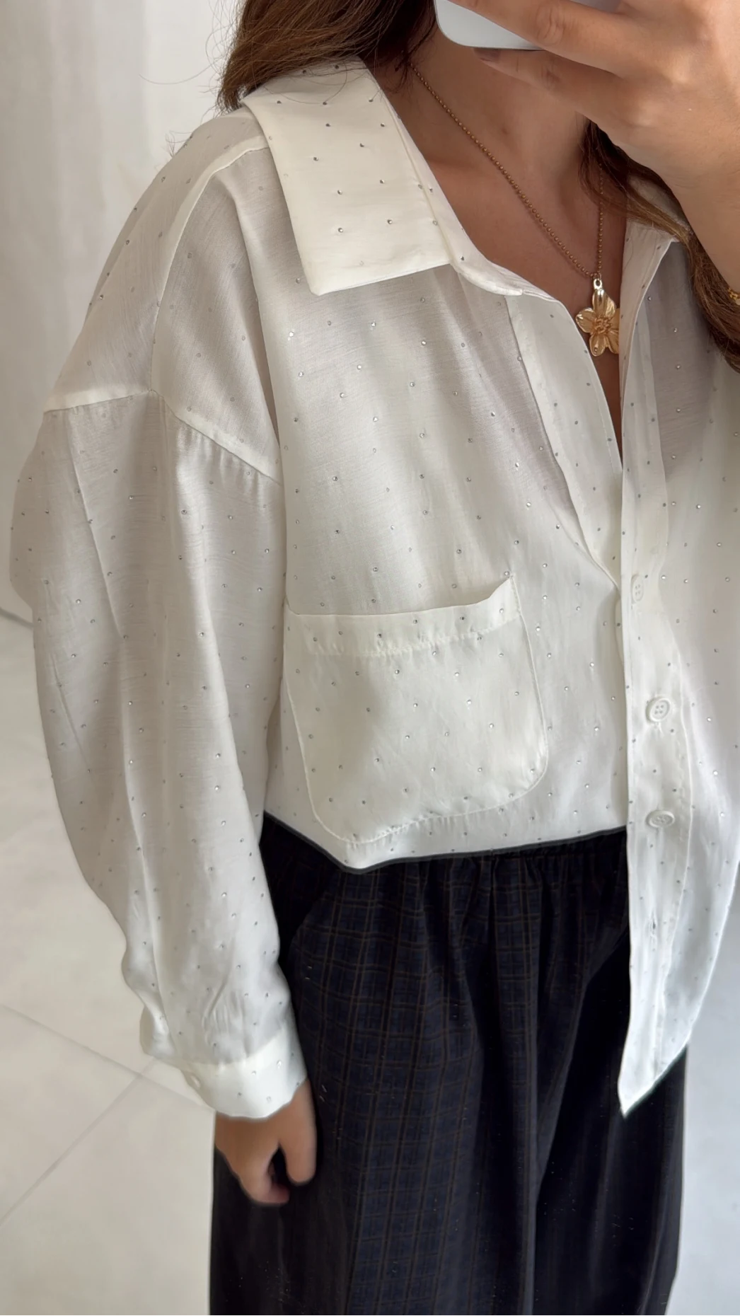 Taşlı Oversize Modal Gömlek - Beyaz - Kod: 5106