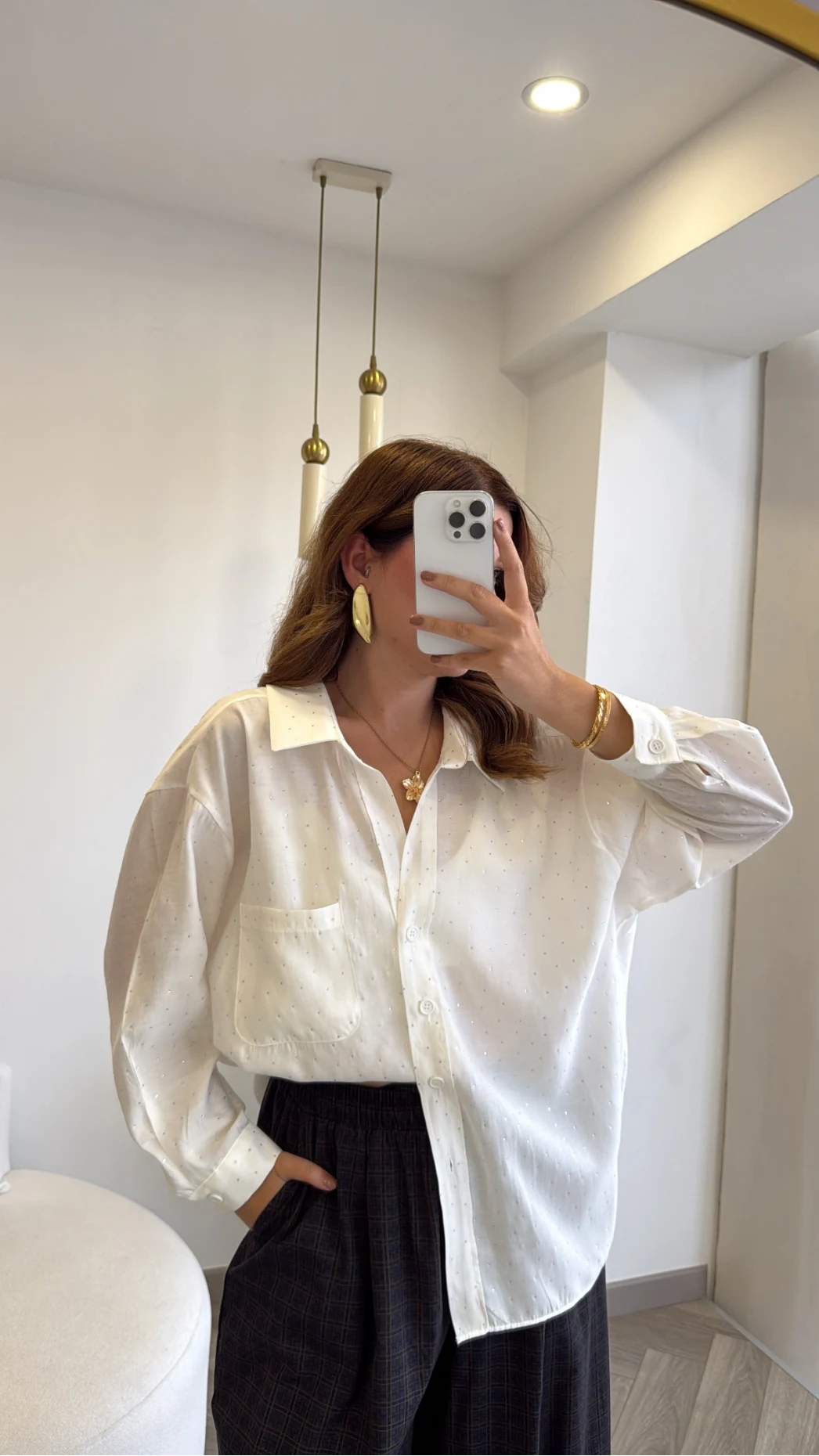 Taşlı Oversize Modal Gömlek - Beyaz - Kod: 5106