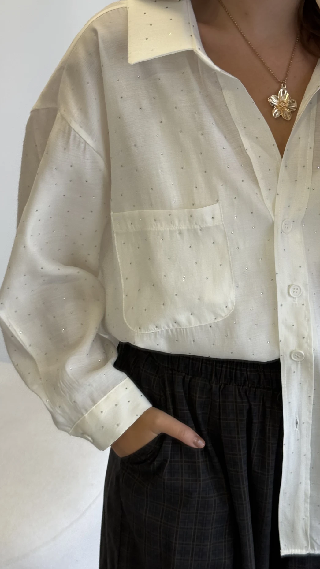 Taşlı Oversize Modal Gömlek - Beyaz - Kod: 5106