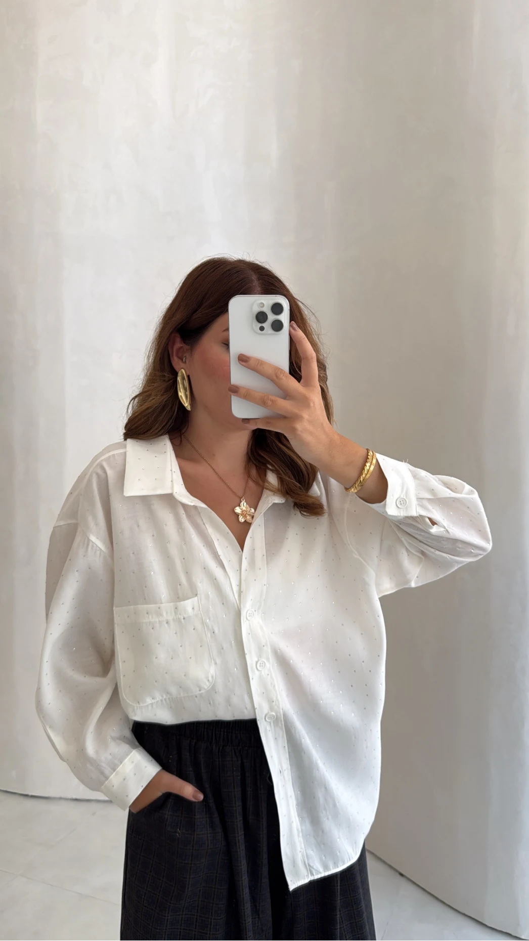Taşlı Oversize Modal Gömlek - Beyaz - Kod: 5106