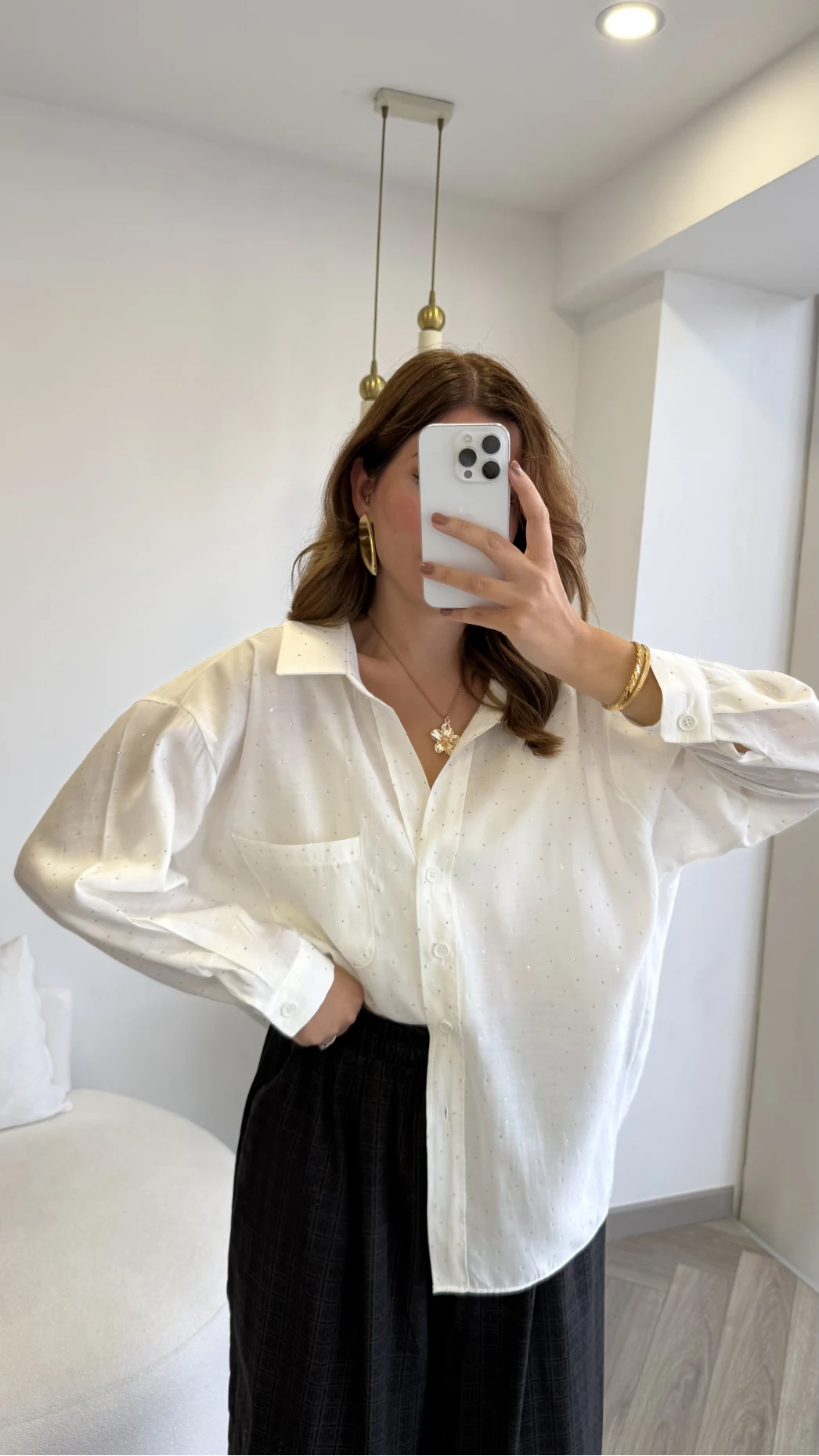 Taşlı Oversize Modal Gömlek - Beyaz - Kod: 5106