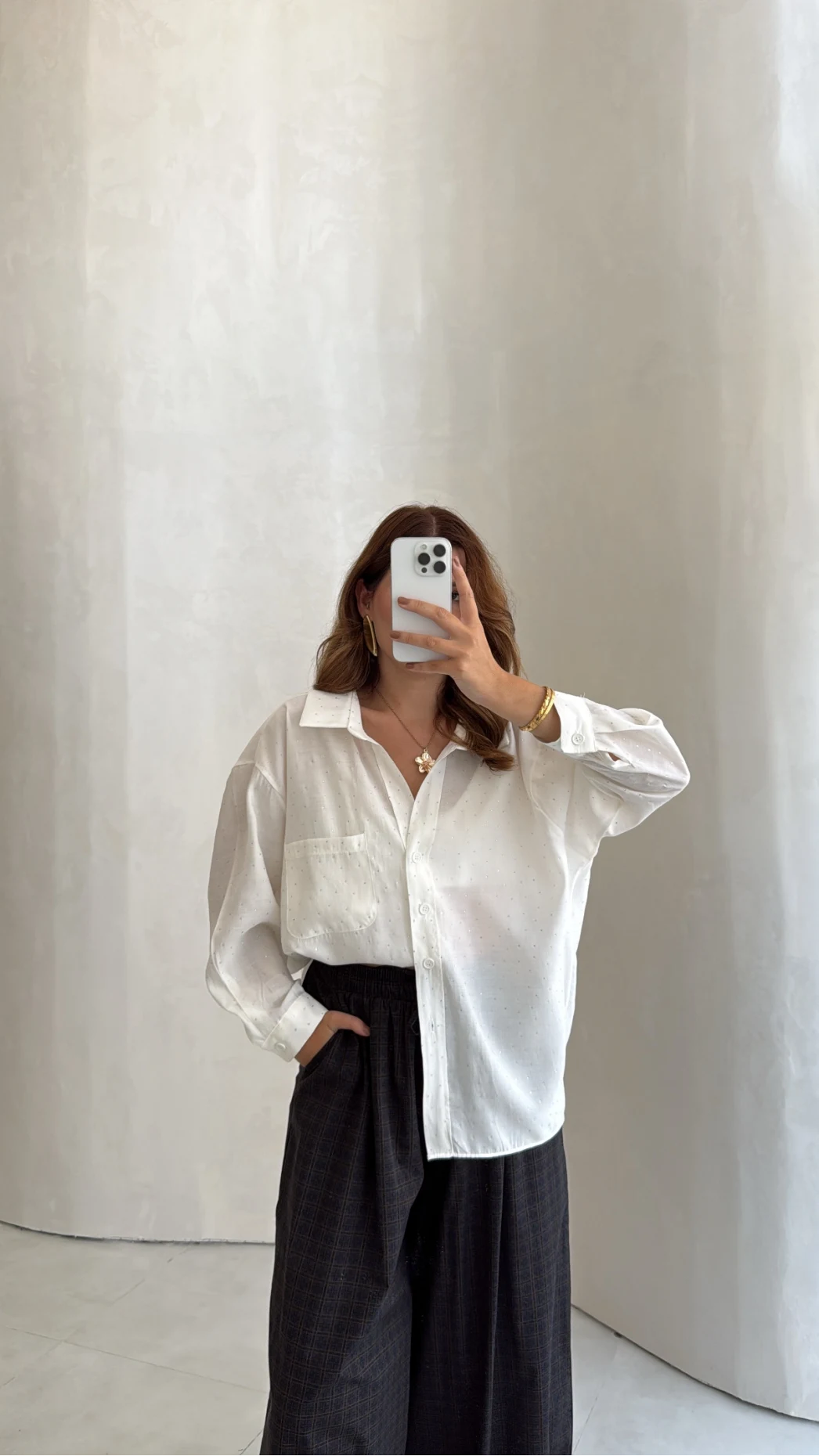 Taşlı Oversize Modal Gömlek - Beyaz - Kod: 5106