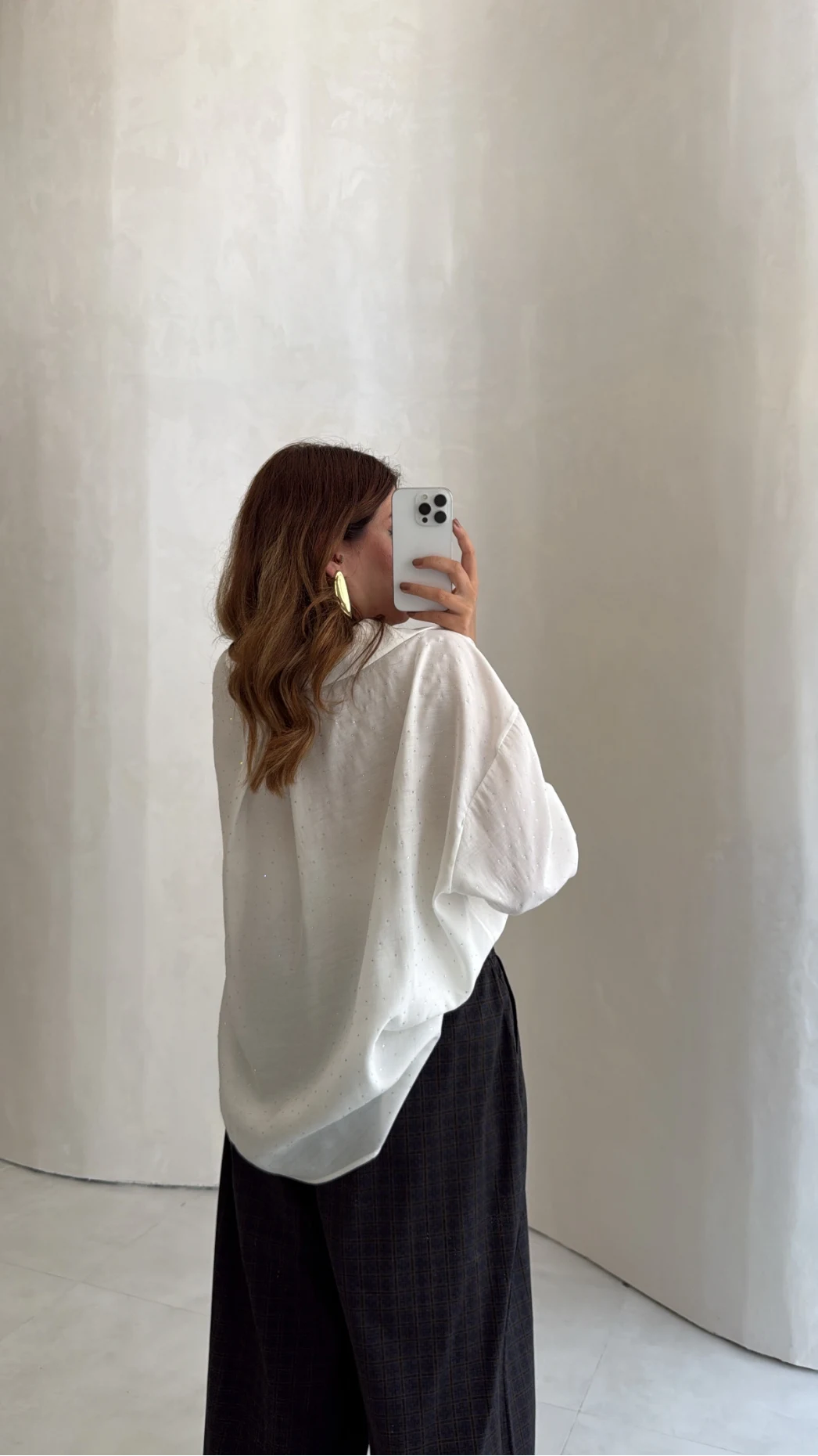 Taşlı Oversize Modal Gömlek - Beyaz - Kod: 5106