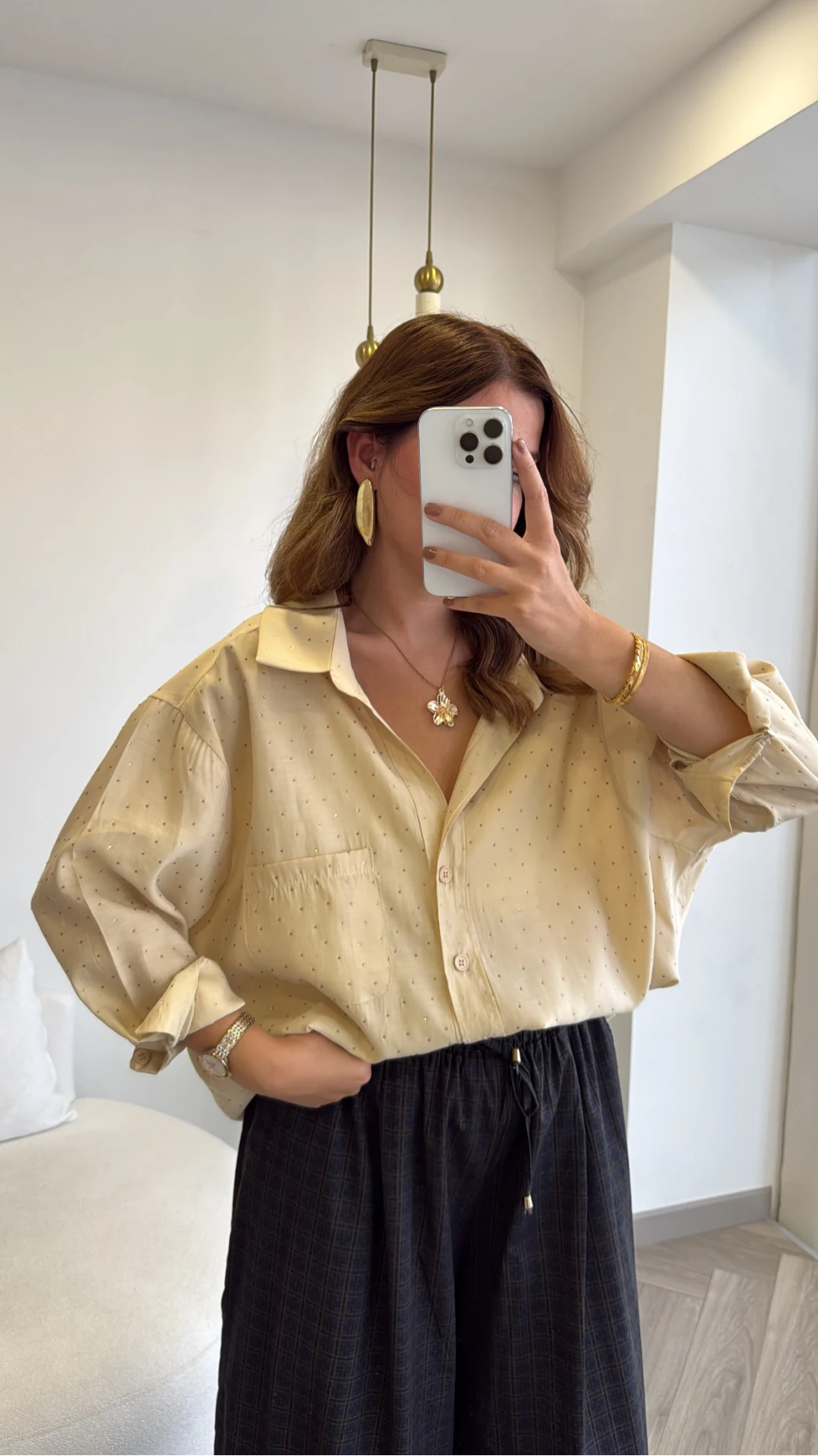Taşlı Oversize Modal Gömlek - Gold - Kod: 5106