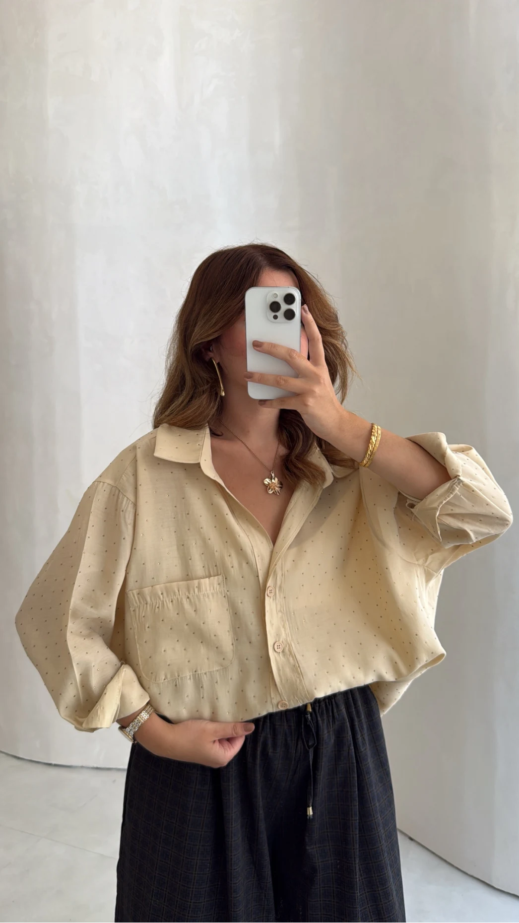 Taşlı Oversize Modal Gömlek - Gold - Kod: 5106