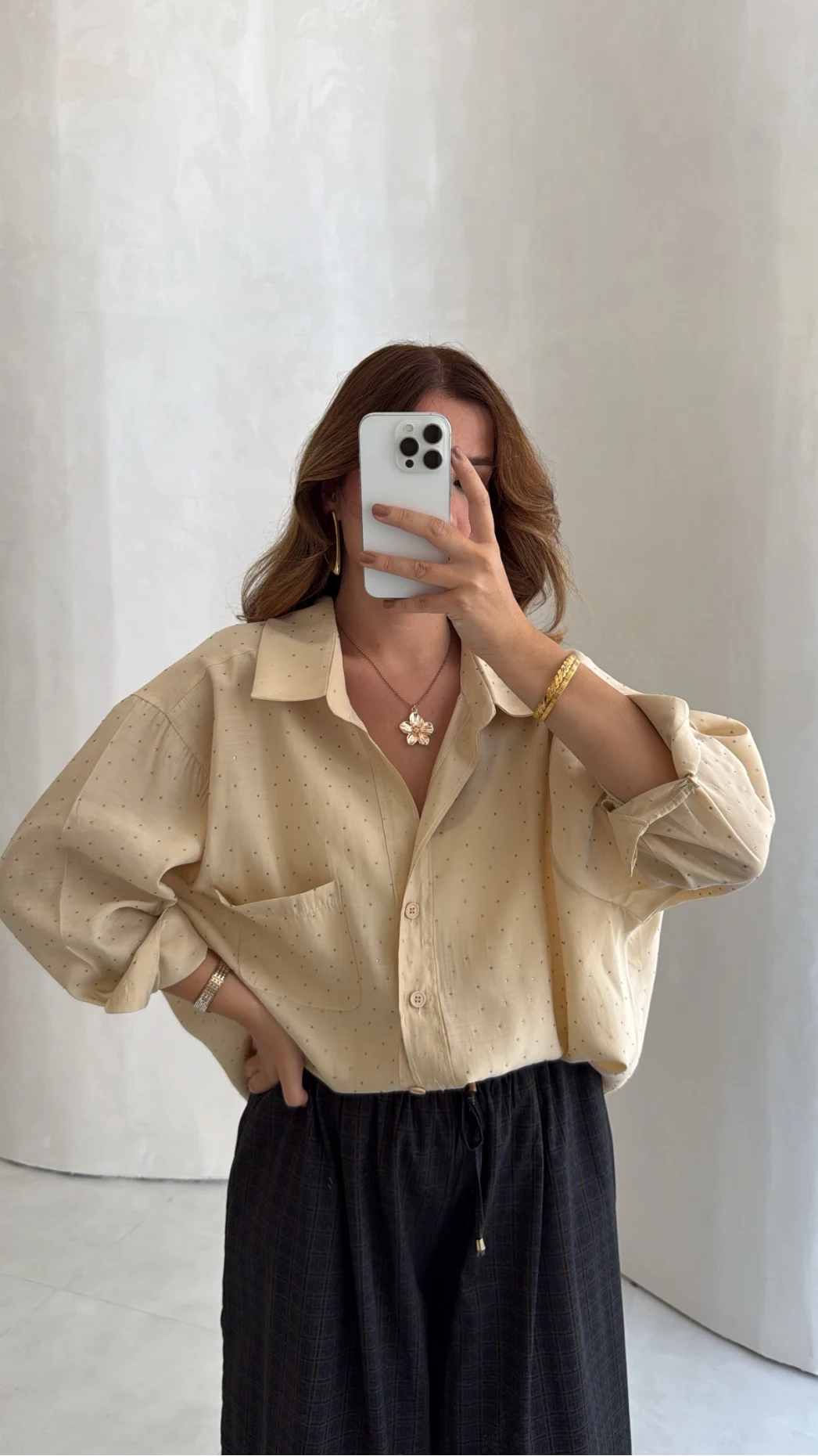 Taşlı Oversize Modal Gömlek - Gold - Kod: 5106