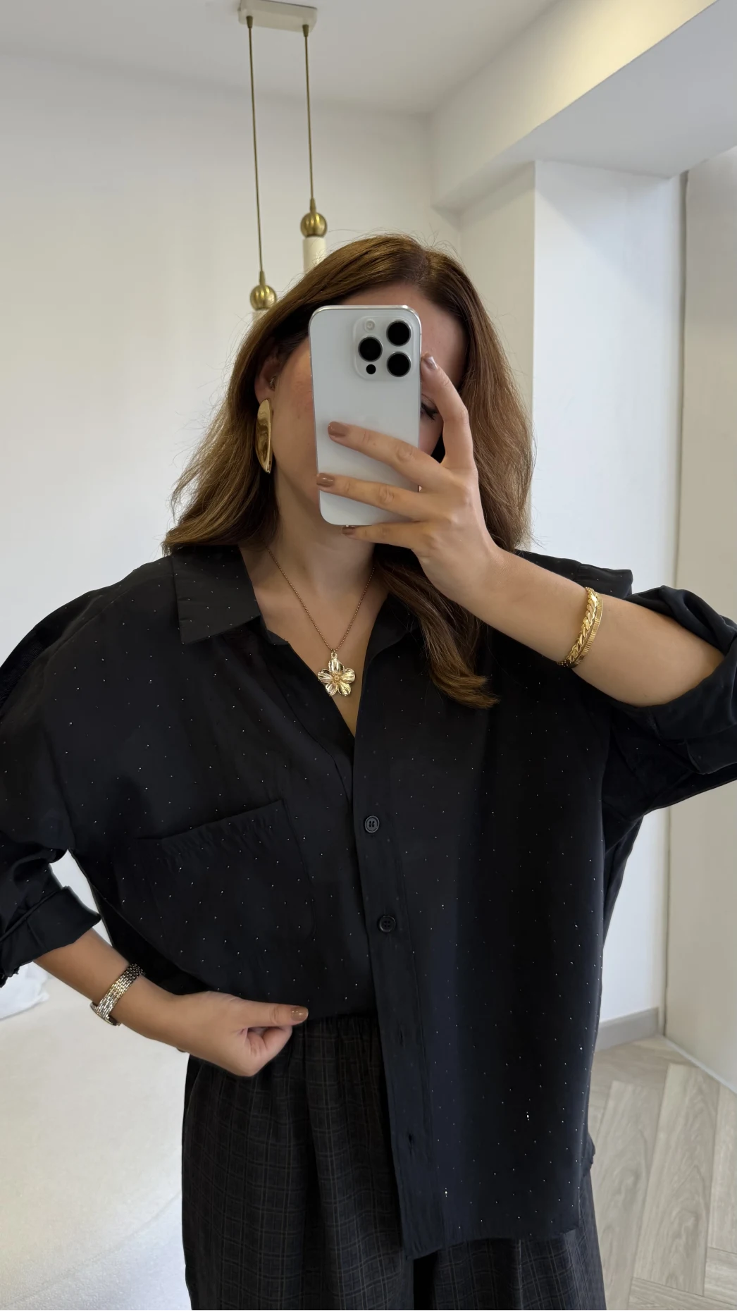 Taşlı Oversize Modal Gömlek - Siyah - Kod: 5106