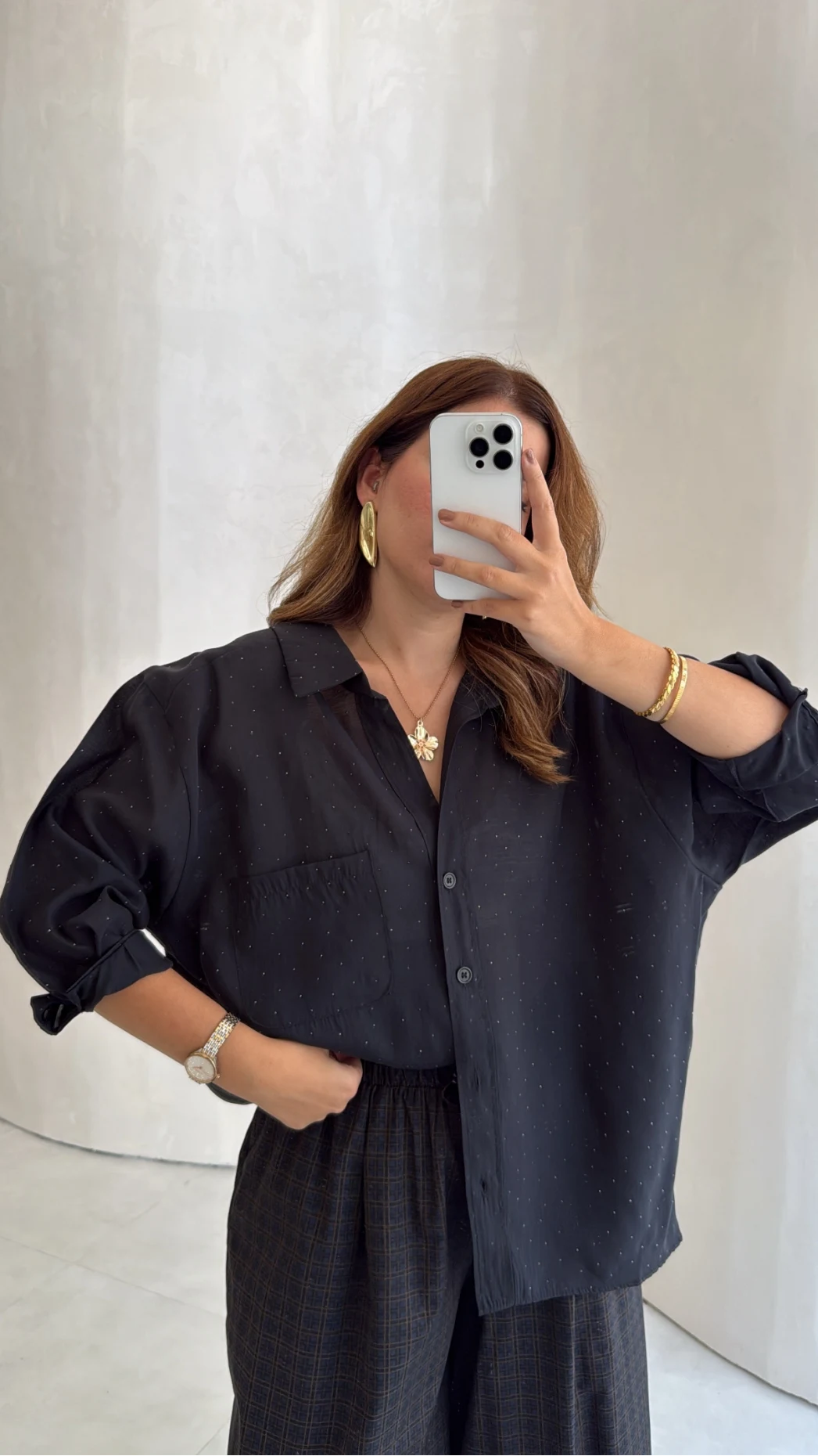 Taşlı Oversize Modal Gömlek - Siyah - Kod: 5106