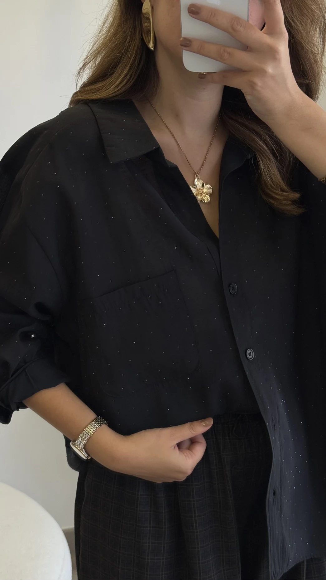 Taşlı Oversize Modal Gömlek - Siyah - Kod: 5106