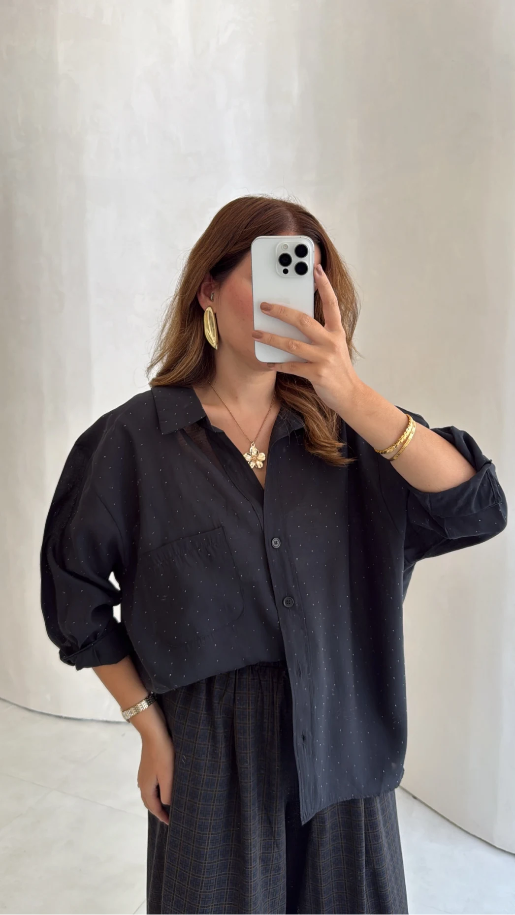 Taşlı Oversize Modal Gömlek - Siyah - Kod: 5106