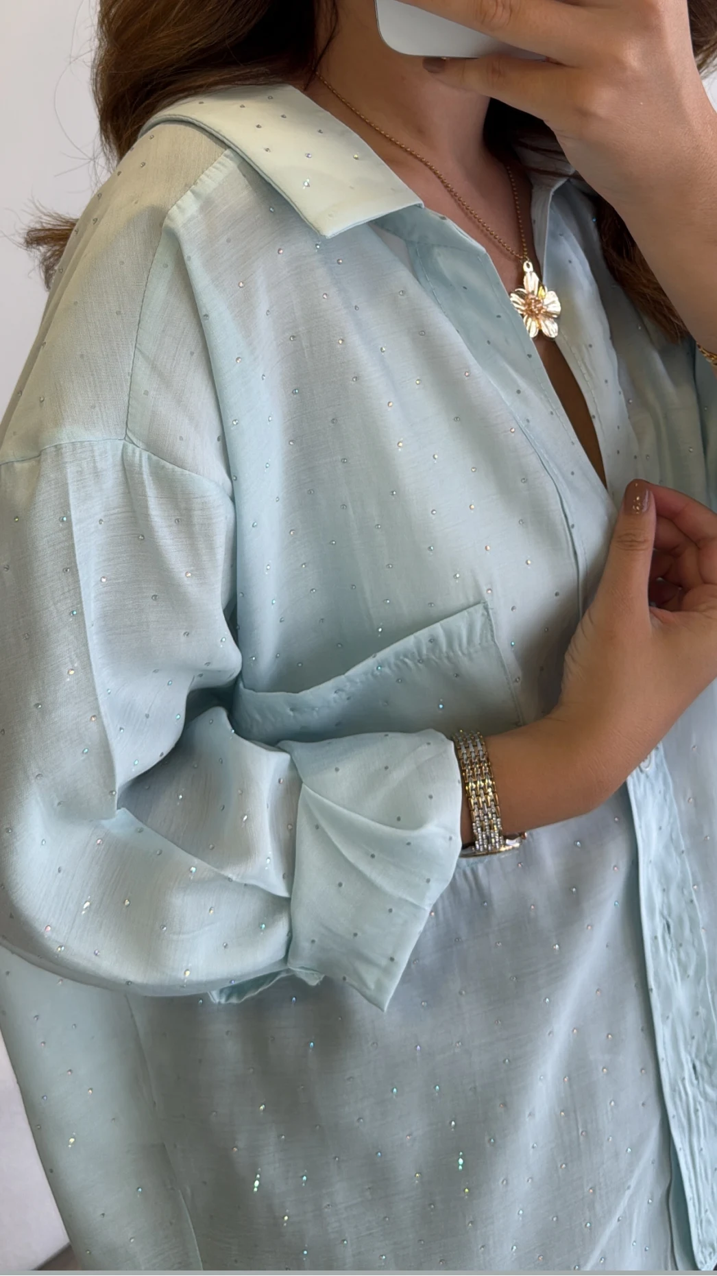 Taşlı Oversize Modal Gömlek - Turkuaz - Kod: 5106
