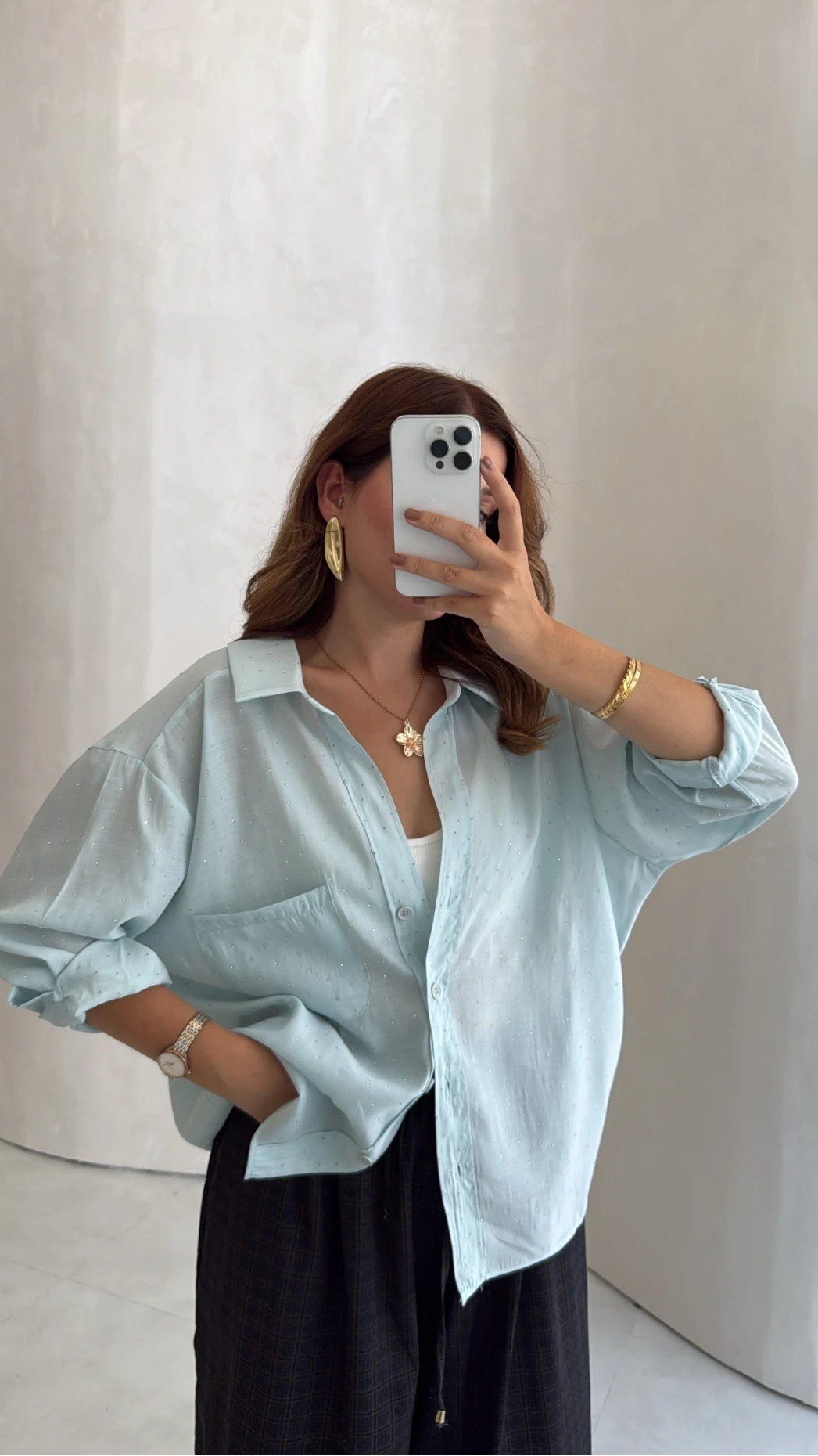 Taşlı Oversize Modal Gömlek - Turkuaz - Kod: 5106