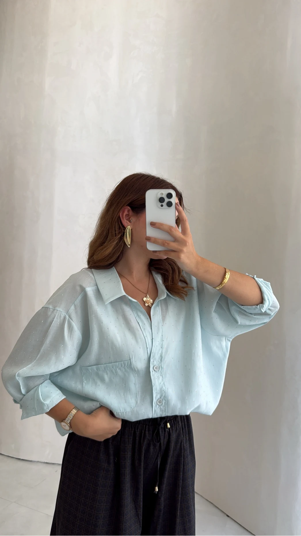 Taşlı Oversize Modal Gömlek - Turkuaz - Kod: 5106