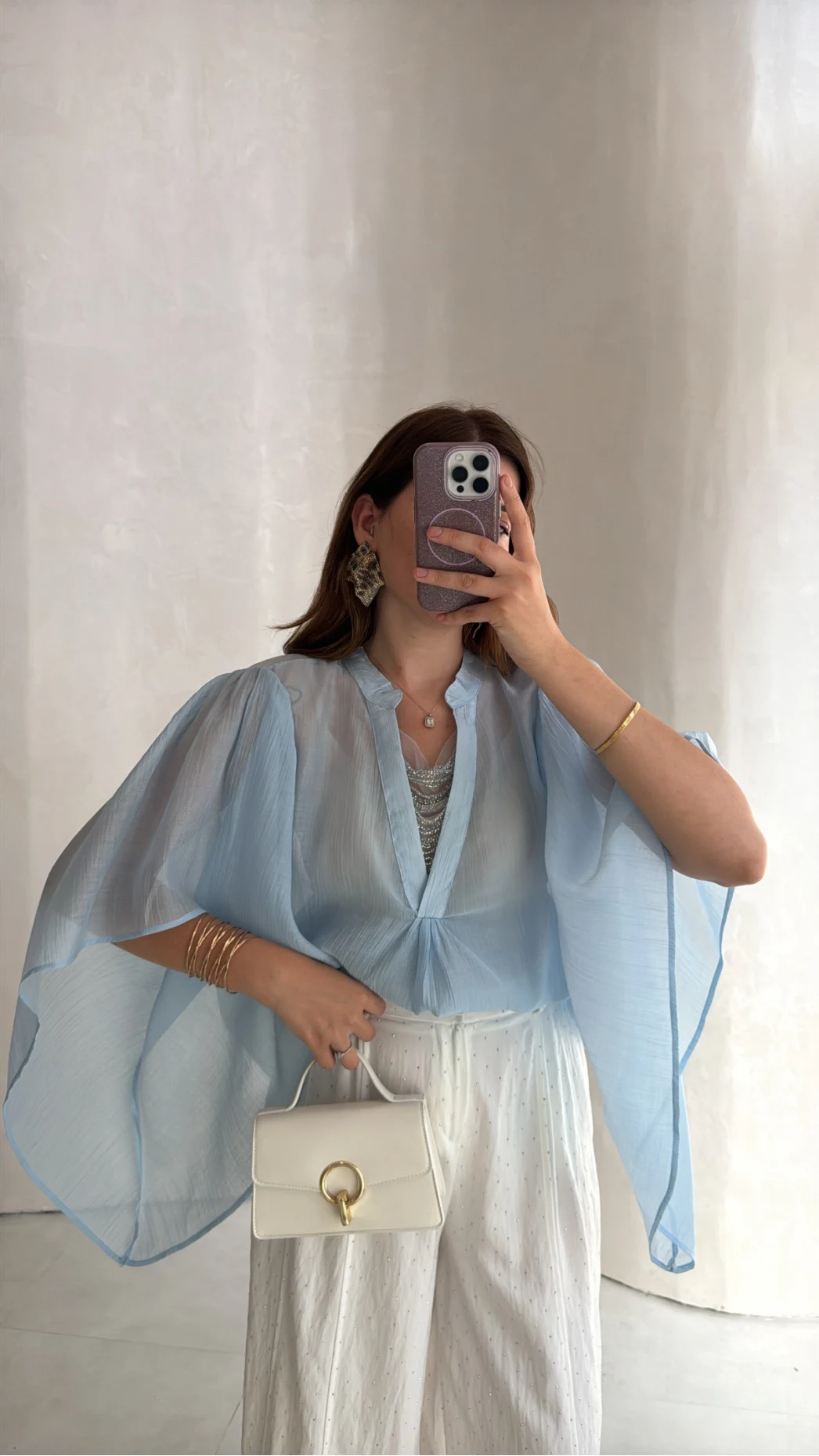 Taşlı Şifon Transparan Bluz - Mavi - Kod: 7839